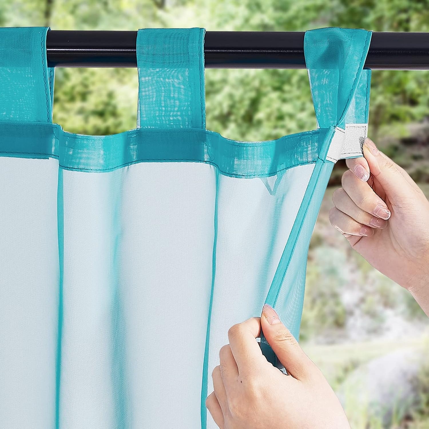 image:imageNICETOWN 2 Panels Outdoor Patio Curtains Waterproof Detachable Sticky Tab Top Indoor Outdoor Sheer Voile Drapes Airy amp Elgant Easy Haning for Pergola W54 x L96 WhiteTurquoise