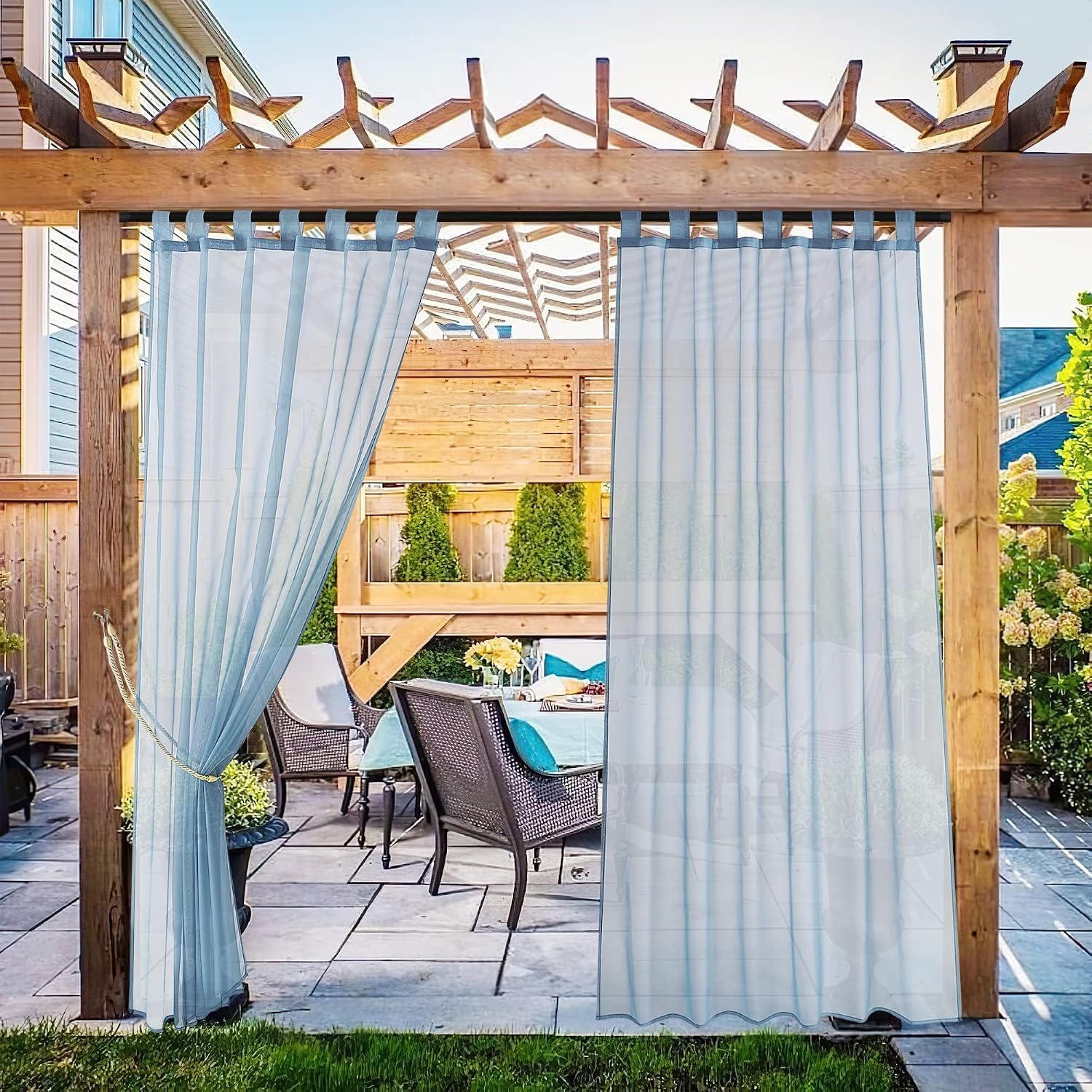 image:imageNICETOWN 2 Panels Outdoor Patio Curtains Waterproof Detachable Sticky Tab Top Indoor Outdoor Sheer Voile Drapes Airy amp Elgant Easy Haning for Pergola W54 x L96 WhiteStone Blue