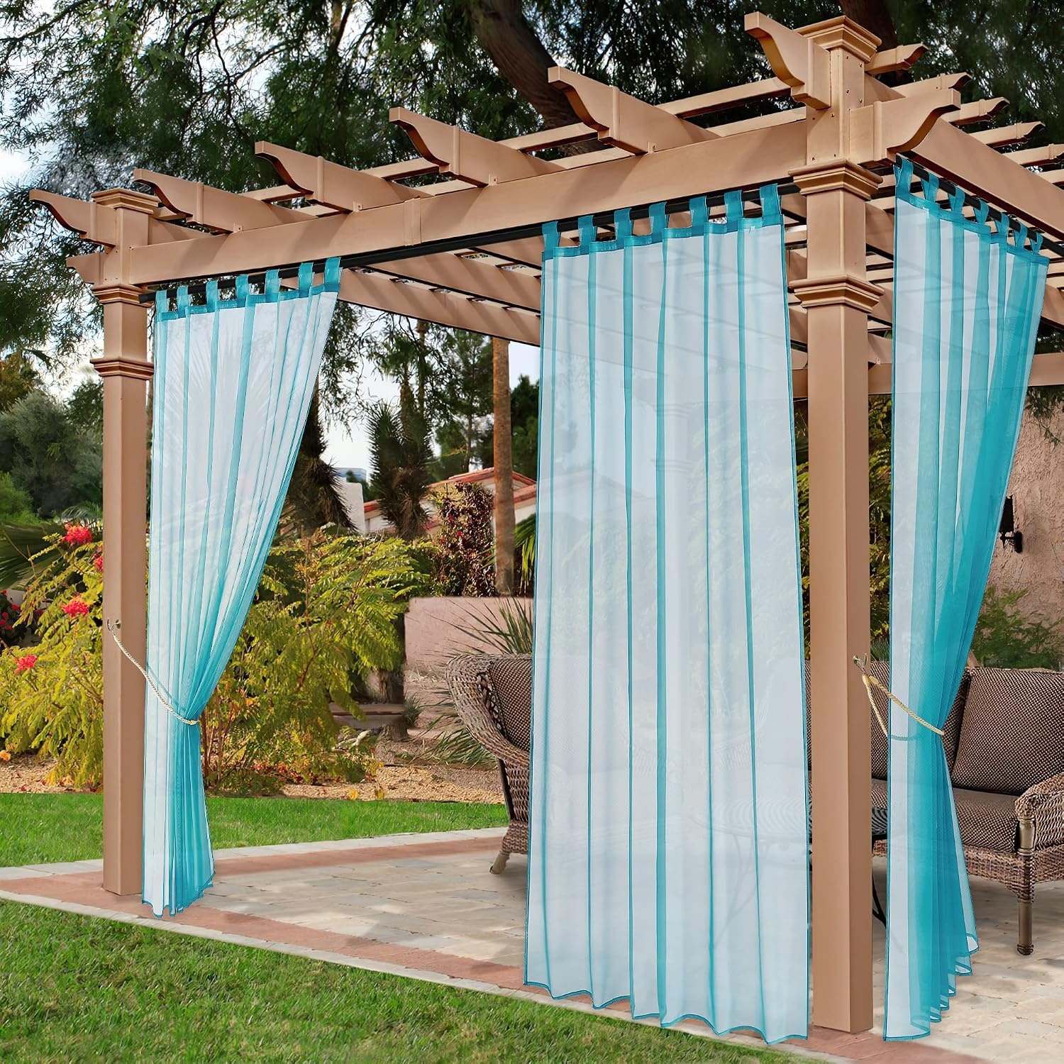 image:imageNICETOWN 2 Panels Outdoor Patio Curtains Waterproof Detachable Sticky Tab Top Indoor Outdoor Sheer Voile Drapes Airy amp Elgant Easy Haning for Pergola W54 x L96 WhiteTurquoise