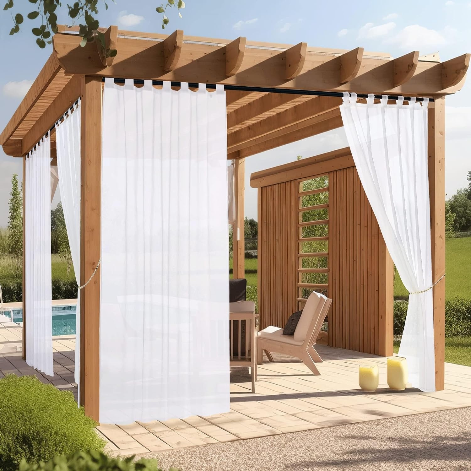 image:imageNICETOWN 2 Panels Outdoor Patio Curtains Waterproof Detachable Sticky Tab Top Indoor Outdoor Sheer Voile Drapes Airy amp Elgant Easy Haning for Pergola W54 x L96 WhitePure White