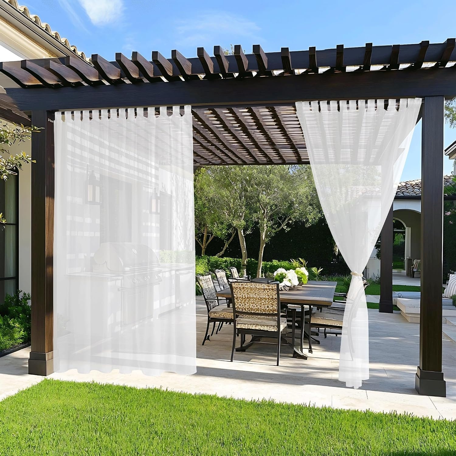 image:imageNICETOWN 2 Panels Outdoor Patio Curtains Waterproof Detachable Sticky Tab Top Indoor Outdoor Sheer Voile Drapes Airy amp Elgant Easy Haning for Pergola W54 x L96 WhitePure White