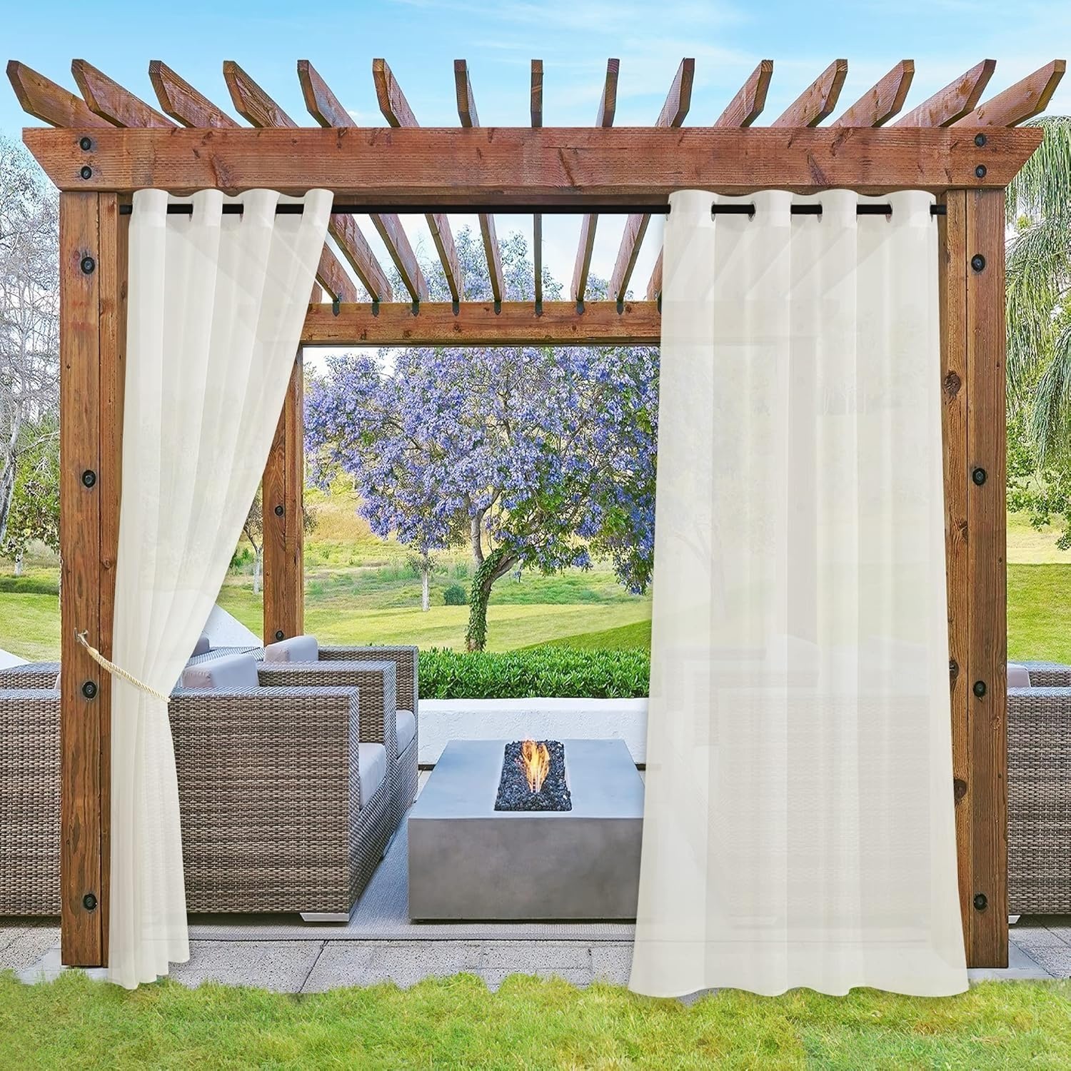 image:imageNICETOWN 2 Panels Outdoor Patio Curtains Waterproof Detachable Sticky Tab Top Indoor Outdoor Sheer Voile Drapes Airy amp Elgant Easy Haning for Pergola W54 x L96 WhiteBeige