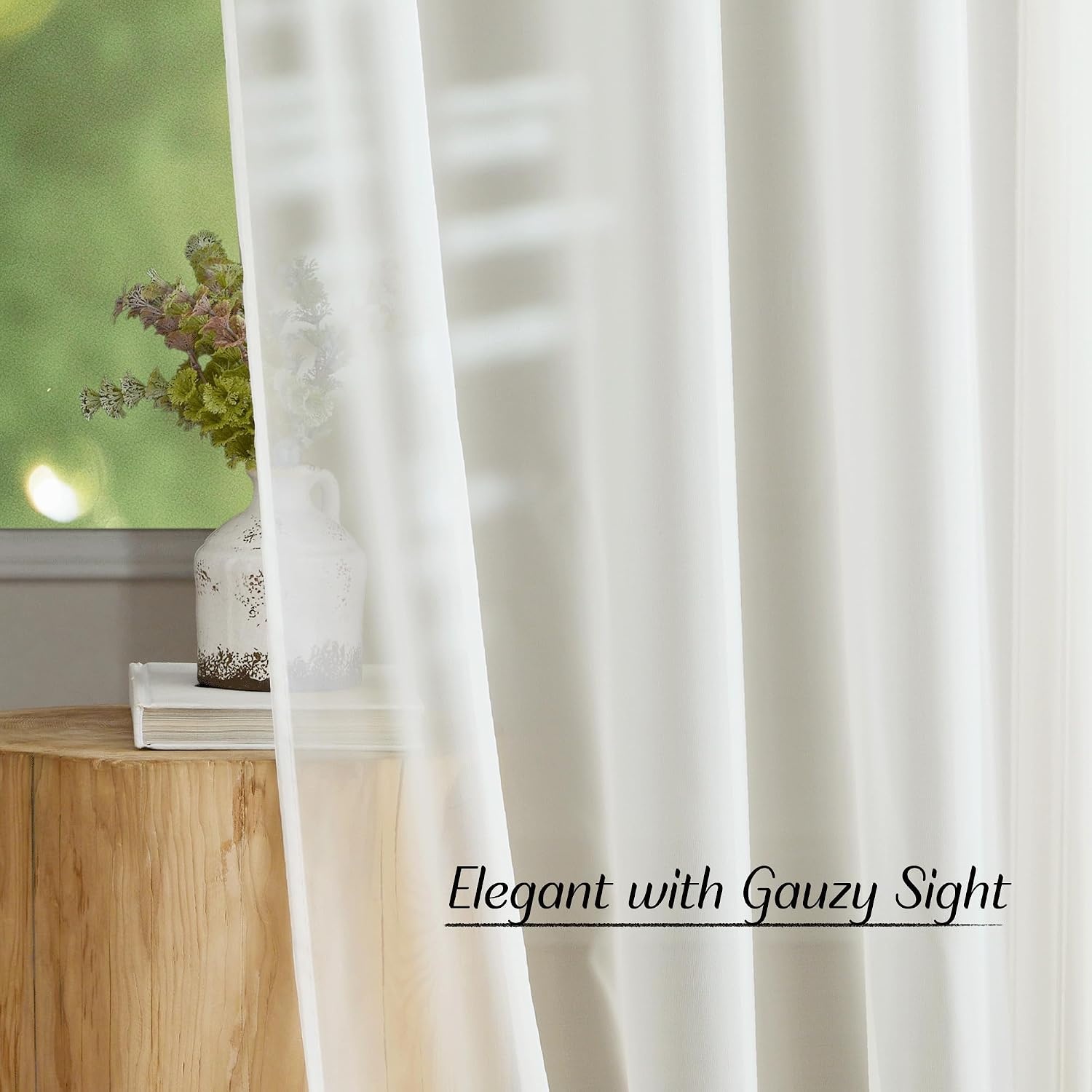 image:imageNICETOWN Bright White Sheer Long Curtains 96 Inch Long 2 Panels W54 x L96Beige