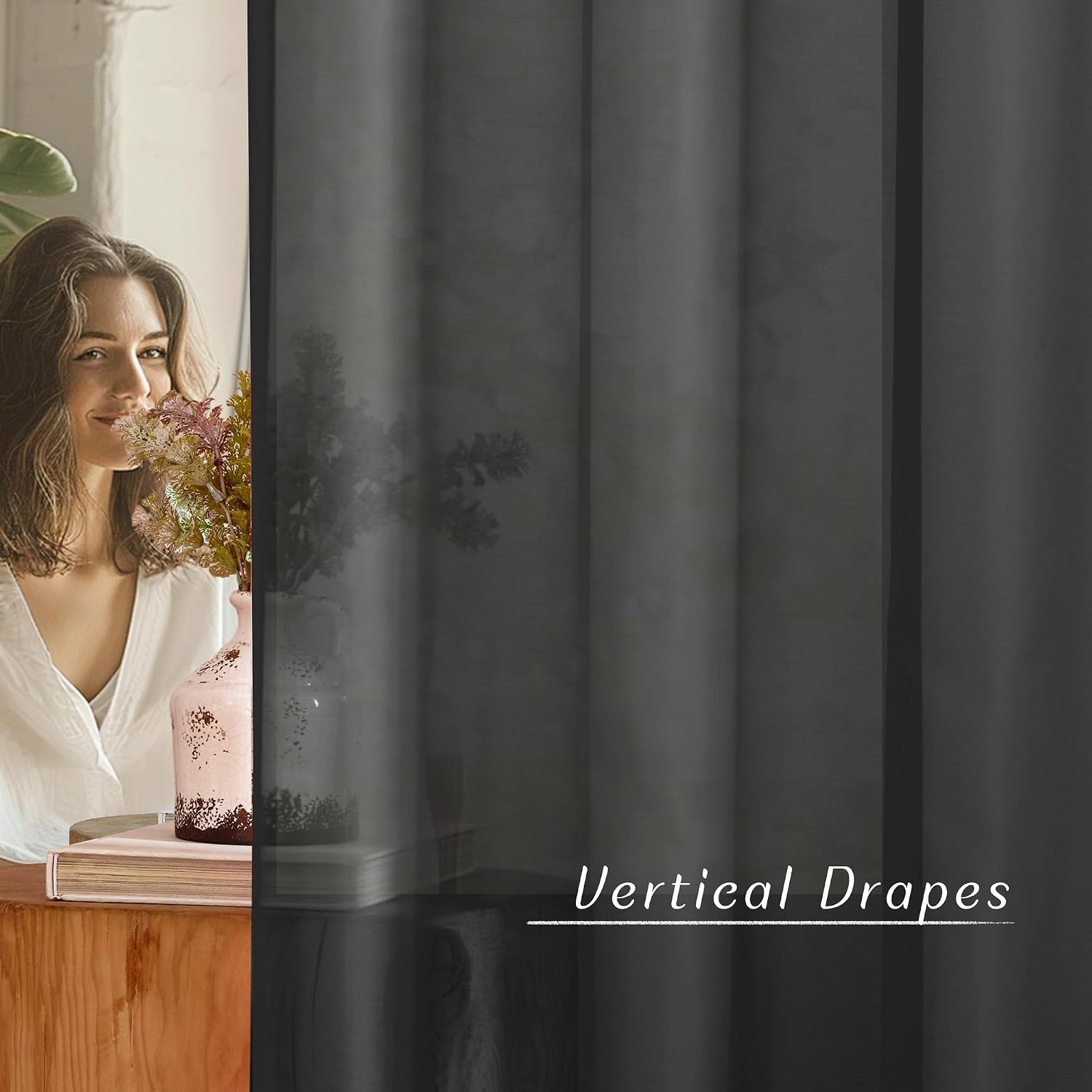 image:imageNICETOWN Bright White Sheer Long Curtains 96 Inch Long 2 Panels W54 x L96Black