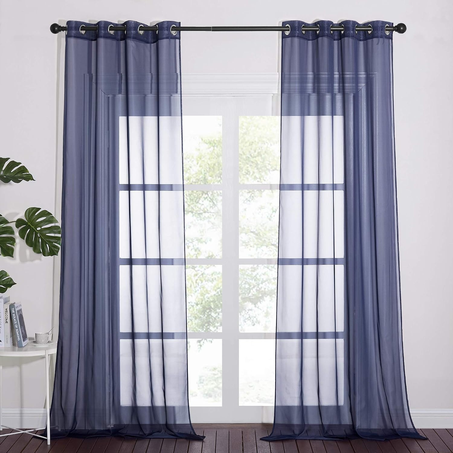 image:imageNICETOWN Bright White Sheer Long Curtains 96 Inch Long 2 Panels W54 x L96Dark Blue
