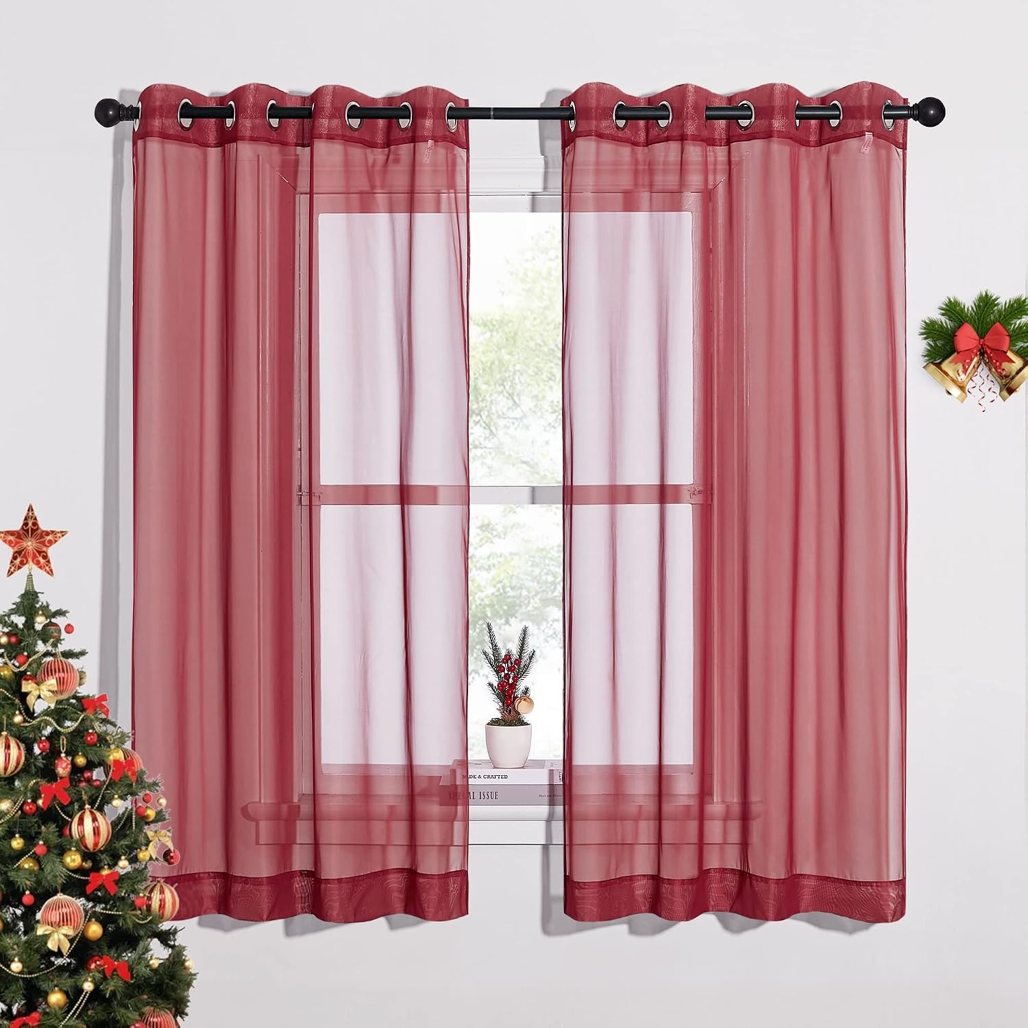 image:imageNICETOWN Bright White Sheer Long Curtains 96 Inch Long 2 Panels W54 x L96Haute Red