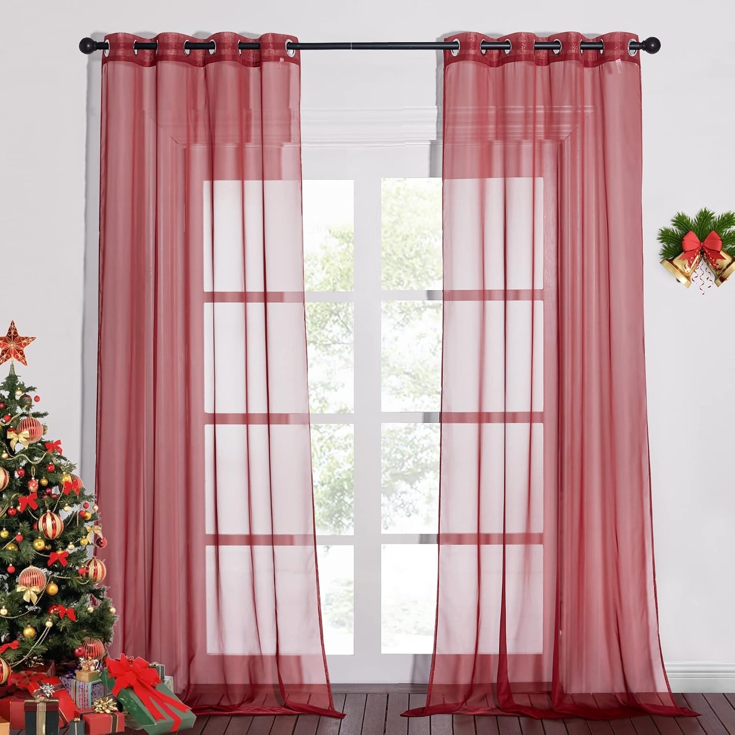 image:imageNICETOWN Bright White Sheer Long Curtains 96 Inch Long 2 Panels W54 x L96Haute Red