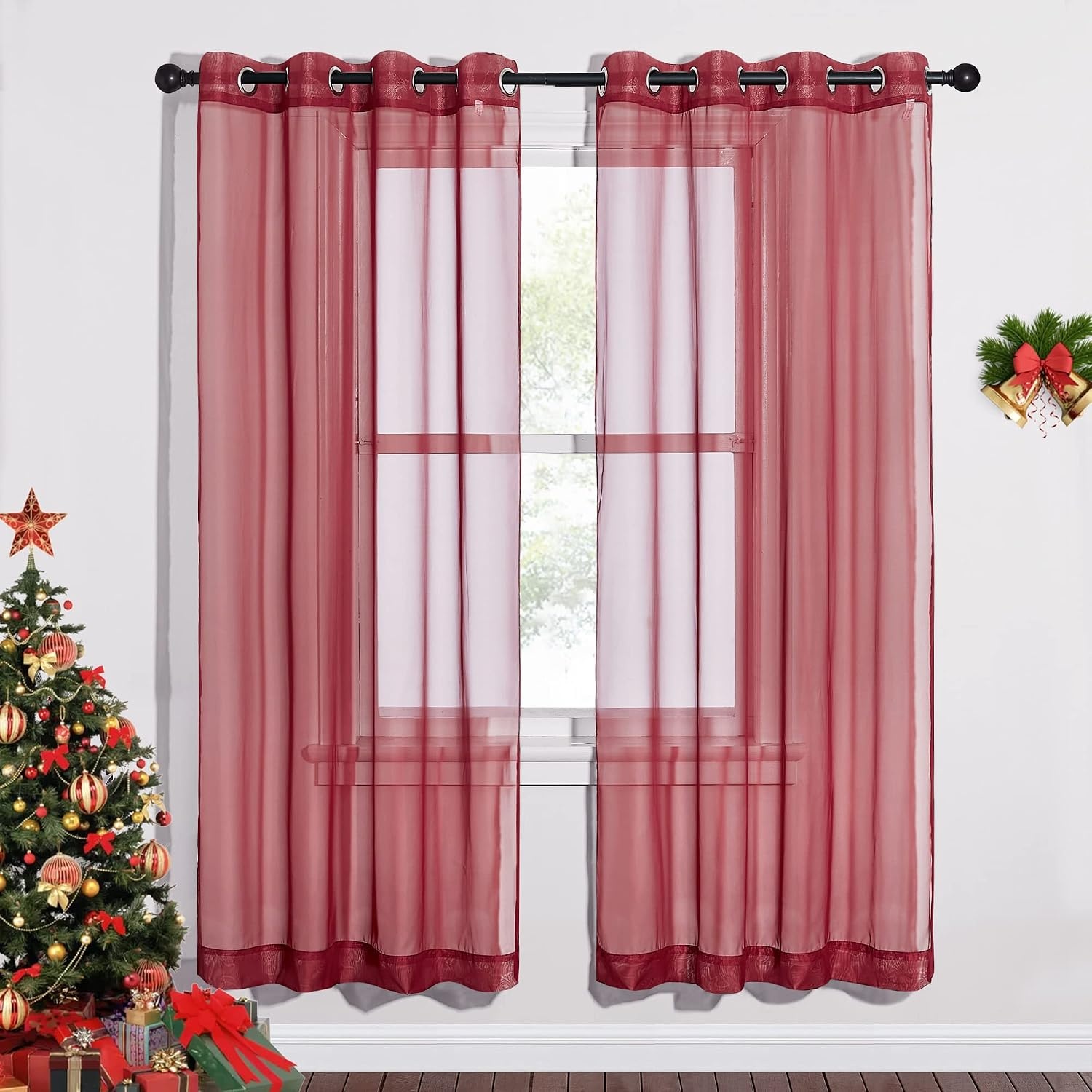 image:imageNICETOWN Bright White Sheer Long Curtains 96 Inch Long 2 Panels W54 x L96Haute Red