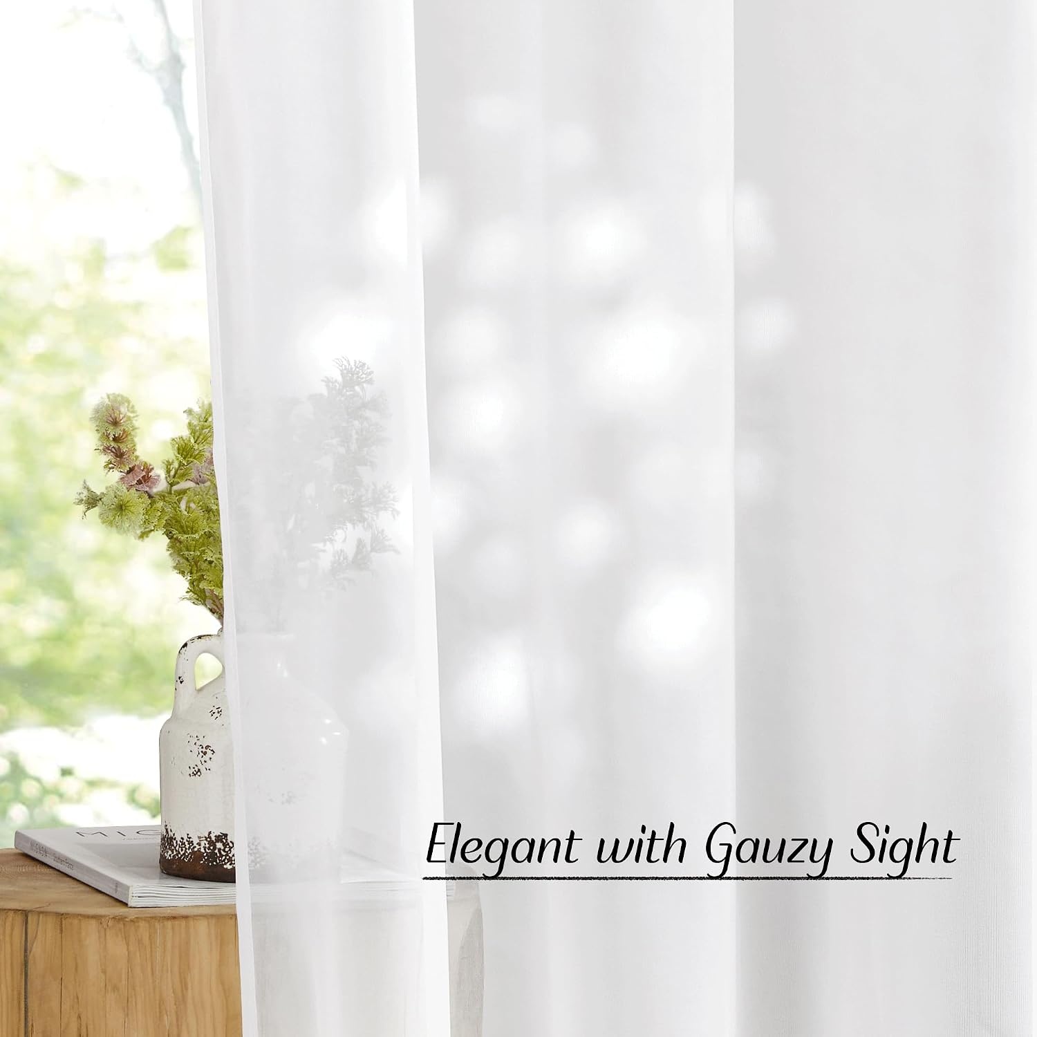 image:imageNICETOWN Bright White Sheer Long Curtains 96 Inch Long 2 Panels W54 x L96Ivory