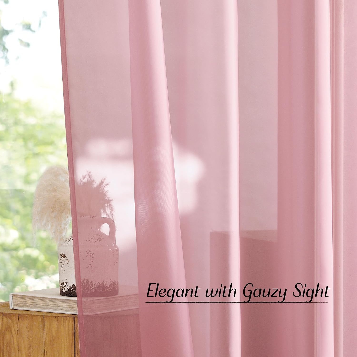 image:imageNICETOWN Bright White Sheer Long Curtains 96 Inch Long 2 Panels W54 x L96Pink