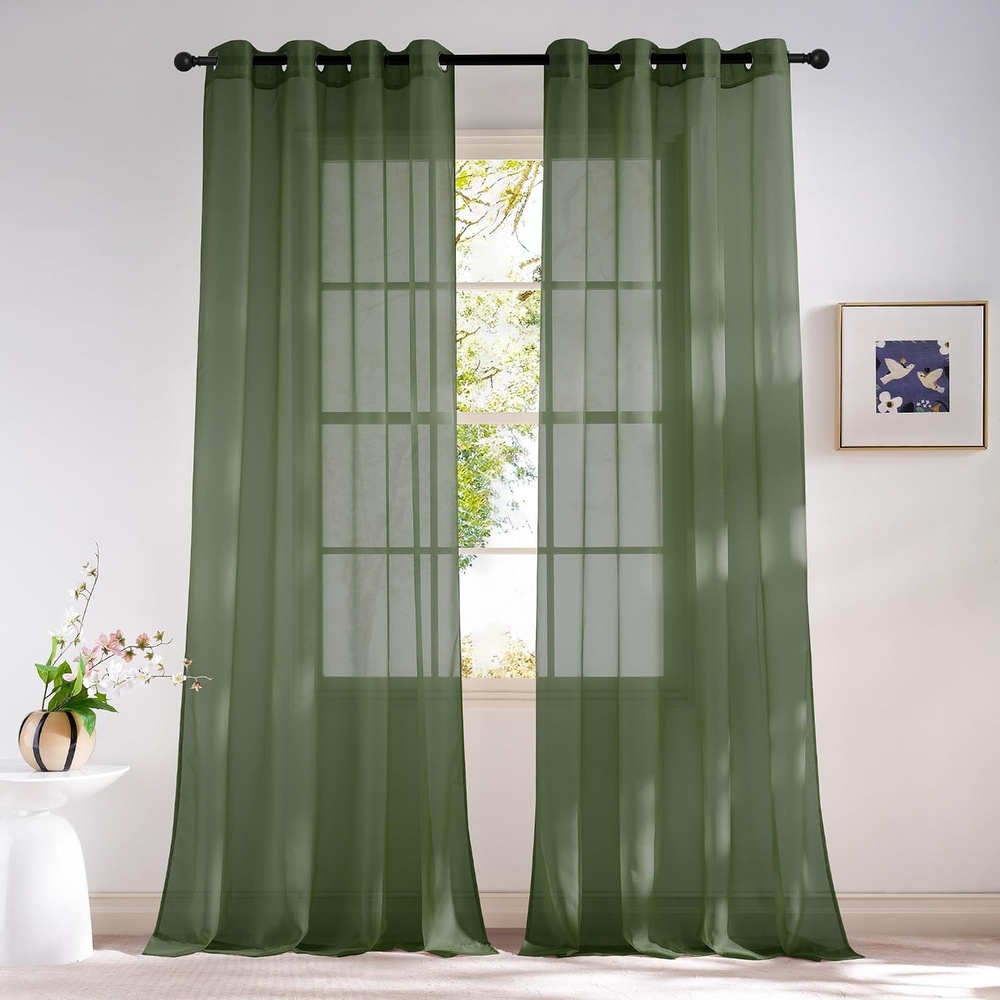 image:imageNICETOWN Bright White Sheer Long Curtains 96 Inch Long 2 Panels W54 x L96Forest Green