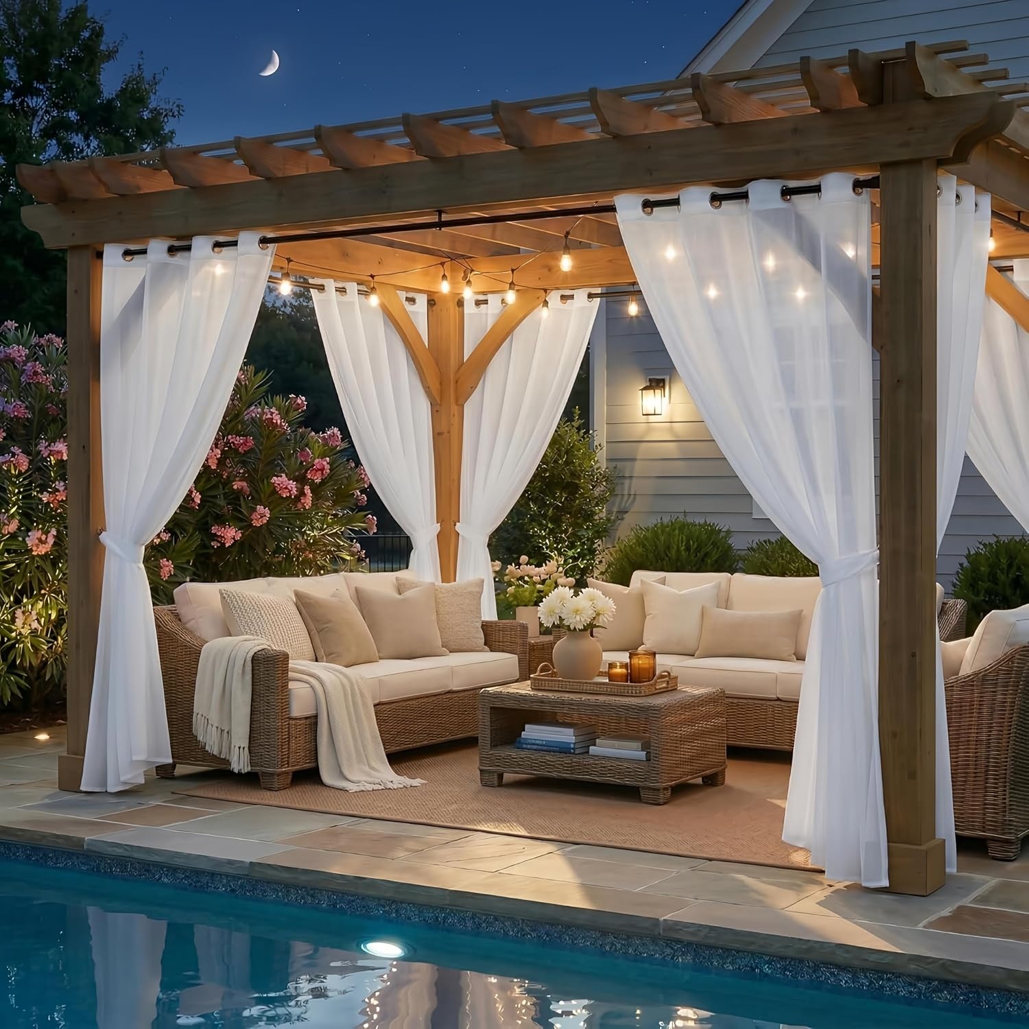 image:imageNICETOWN Outdoor Sheer Curtains for Patio Waterproof 2 Panels Sheer Texture Curtain Panels for Gazebo Porch Pergola Voile Drapes with Rustproof Grommets for Living Room W54 x L84 inch WhiteIvory