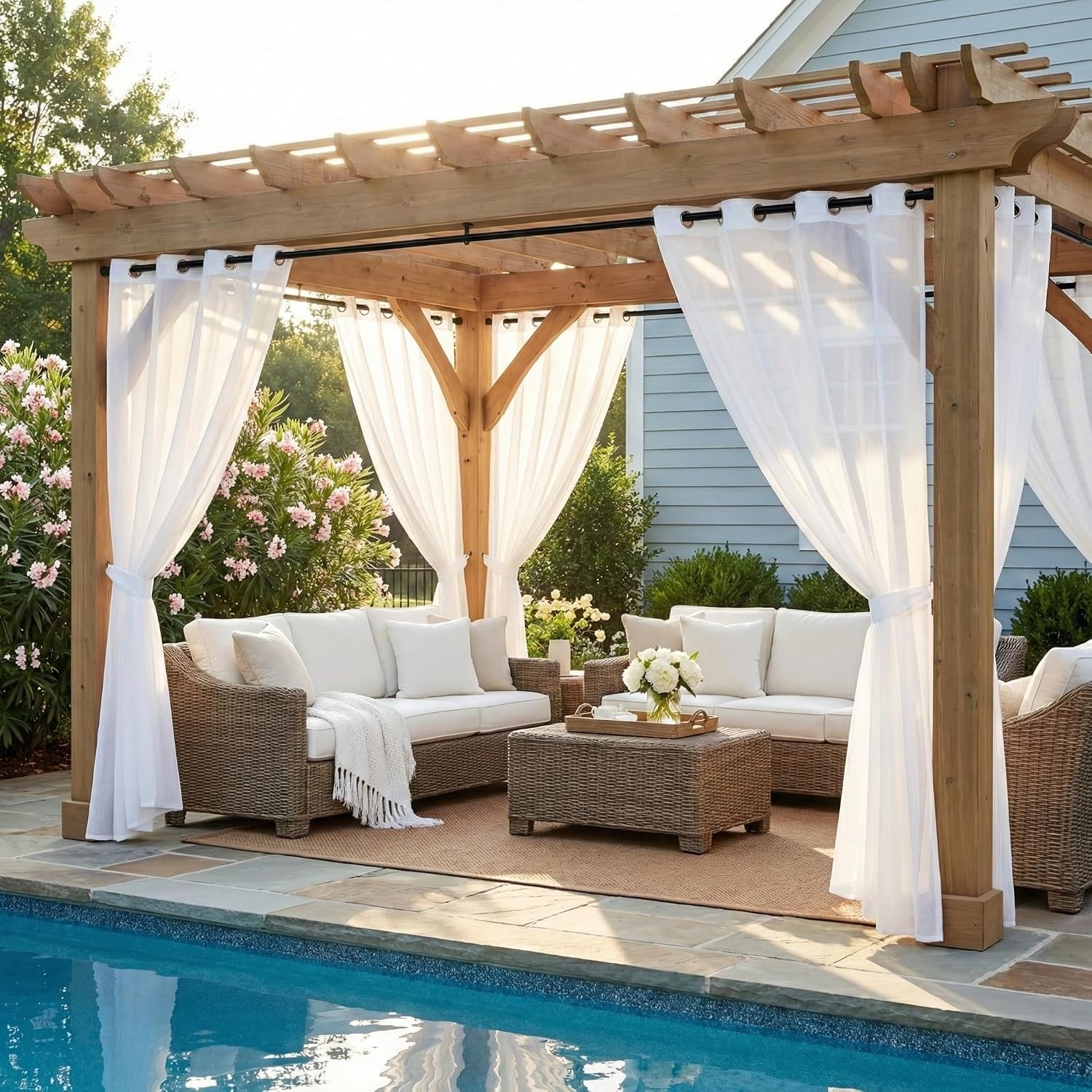 image:imageNICETOWN Outdoor Sheer Curtains for Patio Waterproof 2 Panels Sheer Texture Curtain Panels for Gazebo Porch Pergola Voile Drapes with Rustproof Grommets for Living Room W54 x L84 inch WhiteIvory