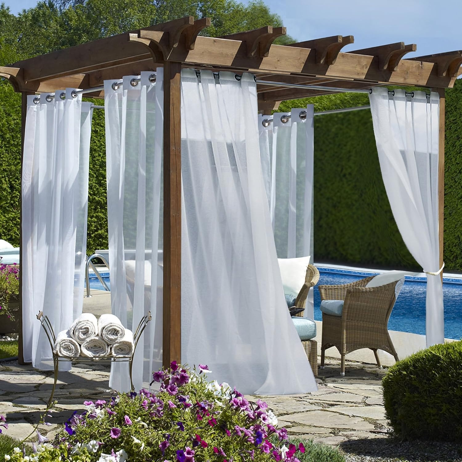 image:imageNICETOWN Outdoor Sheer Curtains for Patio Waterproof 2 Panels Sheer Texture Curtain Panels for Gazebo Porch Pergola Voile Drapes with Rustproof Grommets for Living Room W54 x L84 inch WhiteWhite