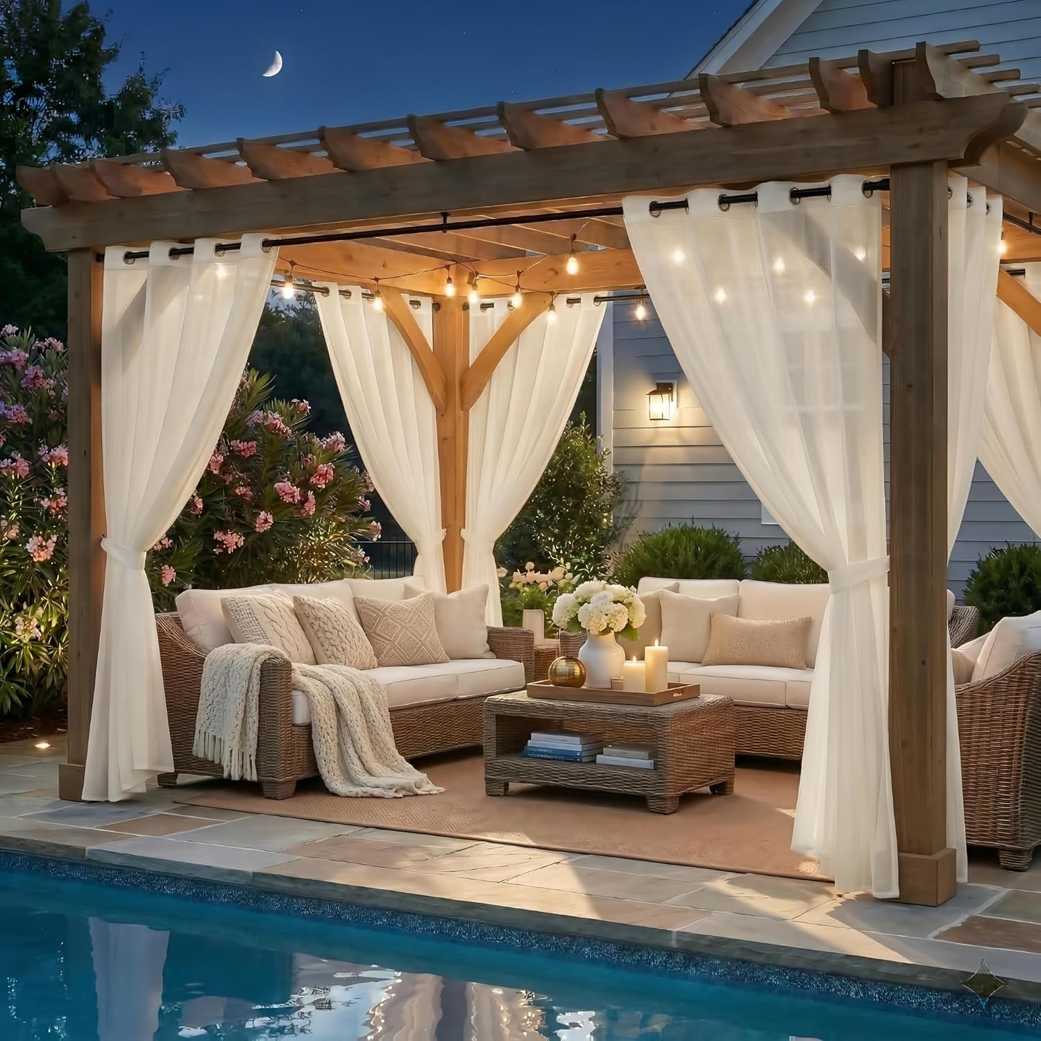 image:imageNICETOWN Outdoor Sheer Curtains for Patio Waterproof 2 Panels Sheer Texture Curtain Panels for Gazebo Porch Pergola Voile Drapes with Rustproof Grommets for Living Room W54 x L84 inch WhiteBeige