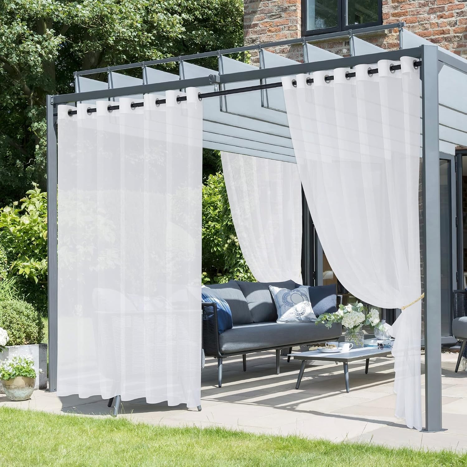 image:imageNICETOWN Outdoor Sheer Curtains for Patio Waterproof 2 Panels Sheer Texture Curtain Panels for Gazebo Porch Pergola Voile Drapes with Rustproof Grommets for Living Room W54 x L84 inch WhiteWhite