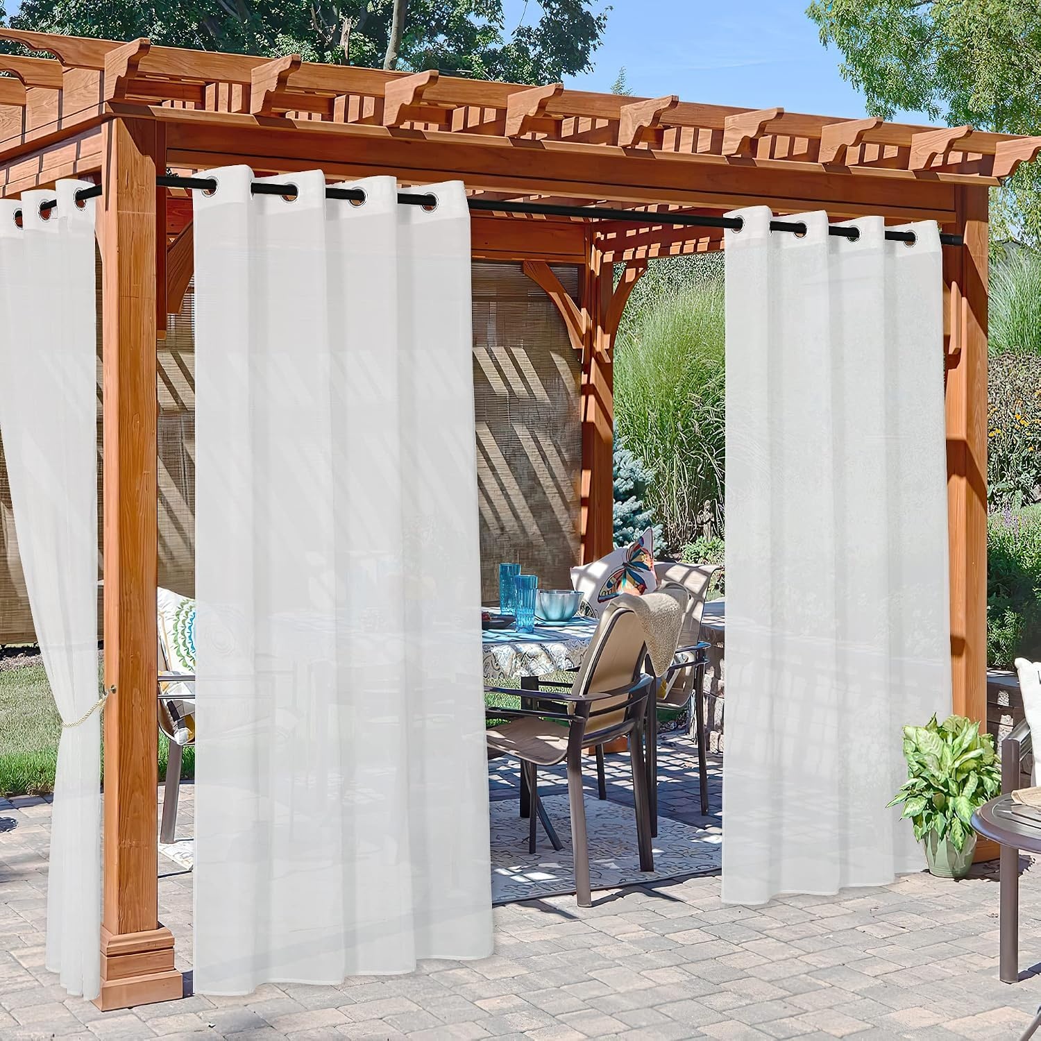 image:imageNICETOWN Outdoor Sheer Curtains for Patio Waterproof 2 Panels Sheer Texture Curtain Panels for Gazebo Porch Pergola Voile Drapes with Rustproof Grommets for Living Room W54 x L84 inch WhiteIvory