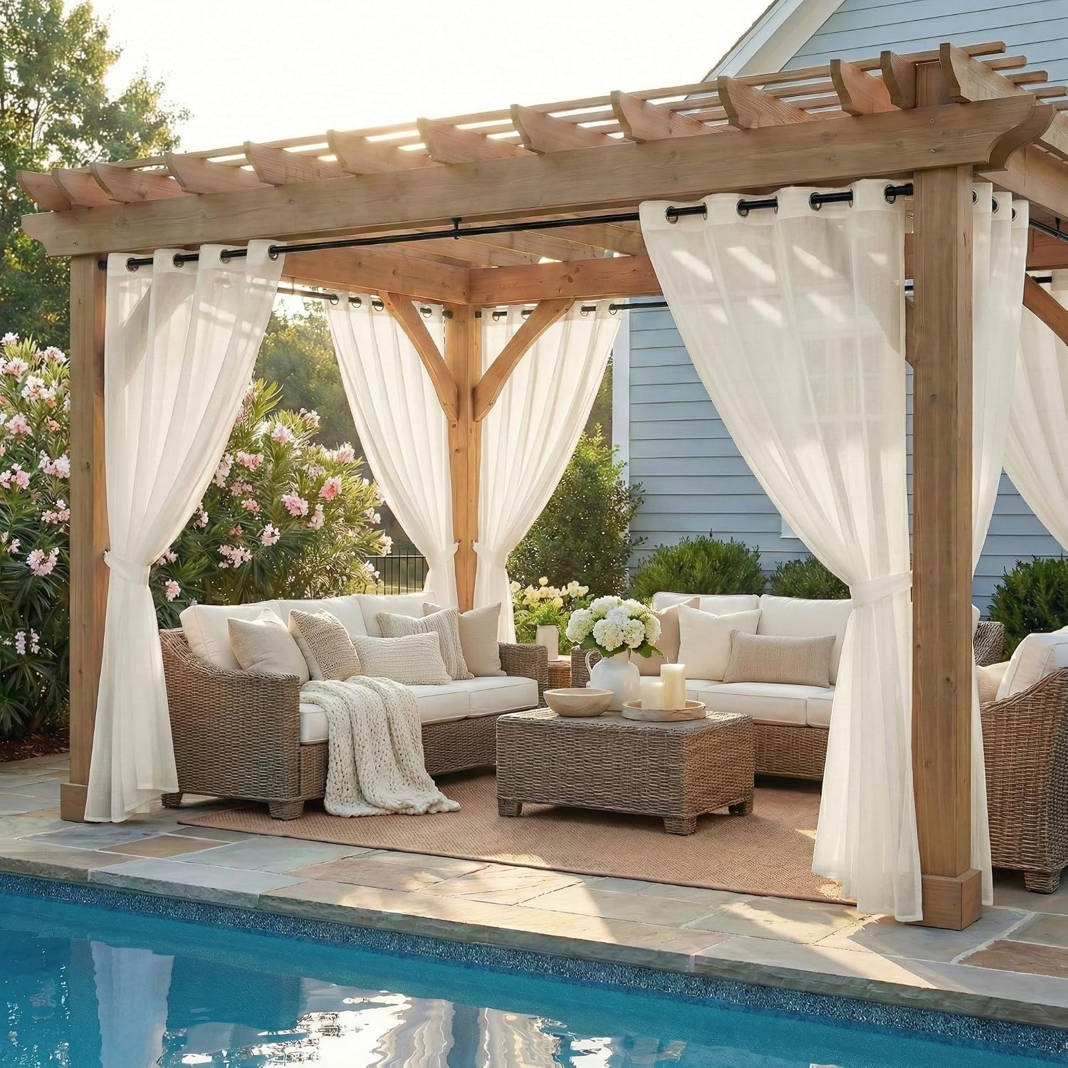 image:imageNICETOWN Outdoor Sheer Curtains for Patio Waterproof 2 Panels Sheer Texture Curtain Panels for Gazebo Porch Pergola Voile Drapes with Rustproof Grommets for Living Room W54 x L84 inch WhiteBeige