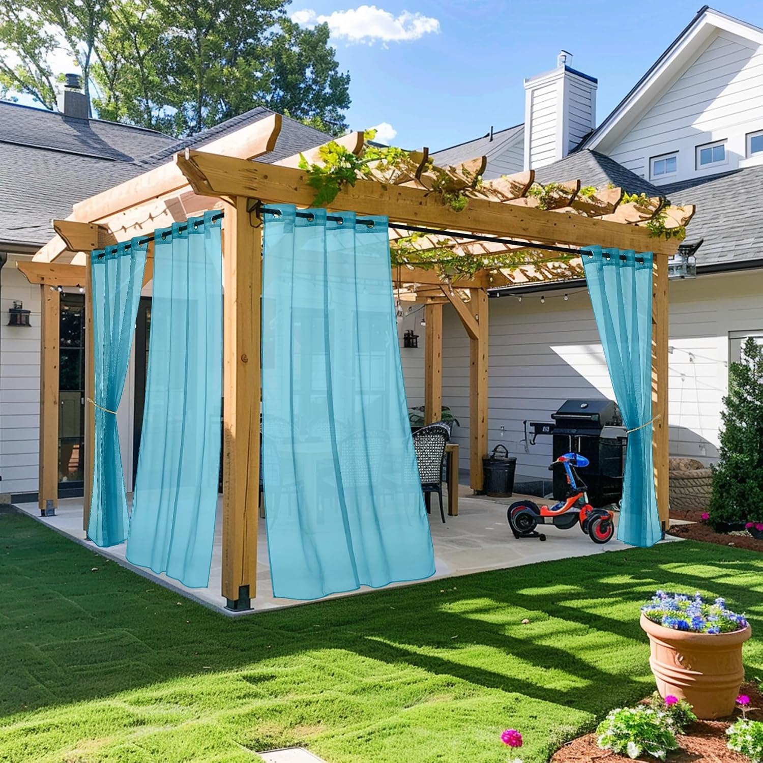 image:imageNICETOWN Outdoor Sheer Curtains for Patio Waterproof 2 Panels Sheer Texture Curtain Panels for Gazebo Porch Pergola Voile Drapes with Rustproof Grommets for Living Room W54 x L84 inch WhiteTurquoise