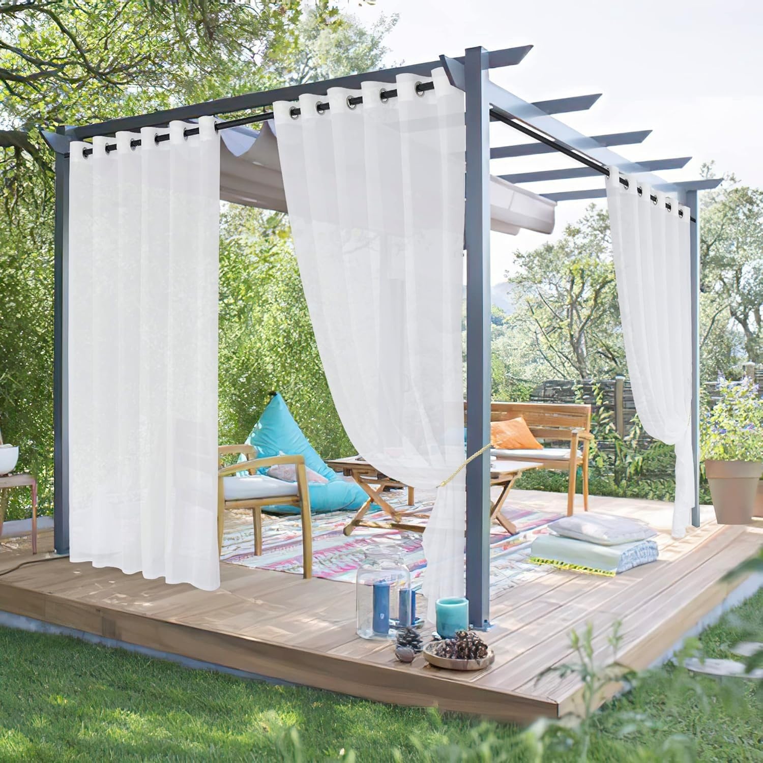 image:imageNICETOWN Outdoor Sheer Curtains for Patio Waterproof 2 Panels Sheer Texture Curtain Panels for Gazebo Porch Pergola Voile Drapes with Rustproof Grommets for Living Room W54 x L84 inch WhiteWhite