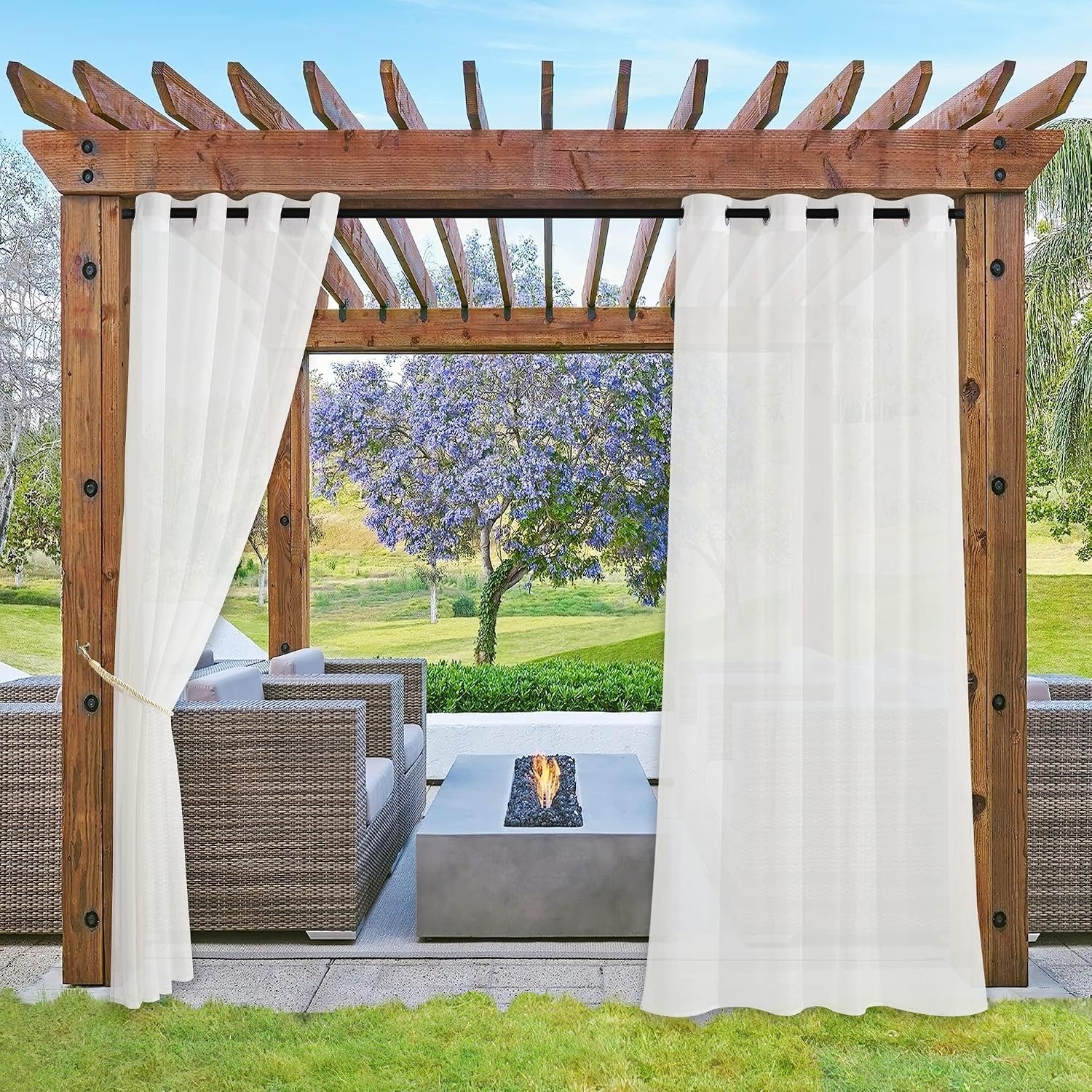 image:imageNICETOWN Outdoor Sheer Curtains for Patio Waterproof 2 Panels Sheer Texture Curtain Panels for Gazebo Porch Pergola Voile Drapes with Rustproof Grommets for Living Room W54 x L84 inch WhiteIvory