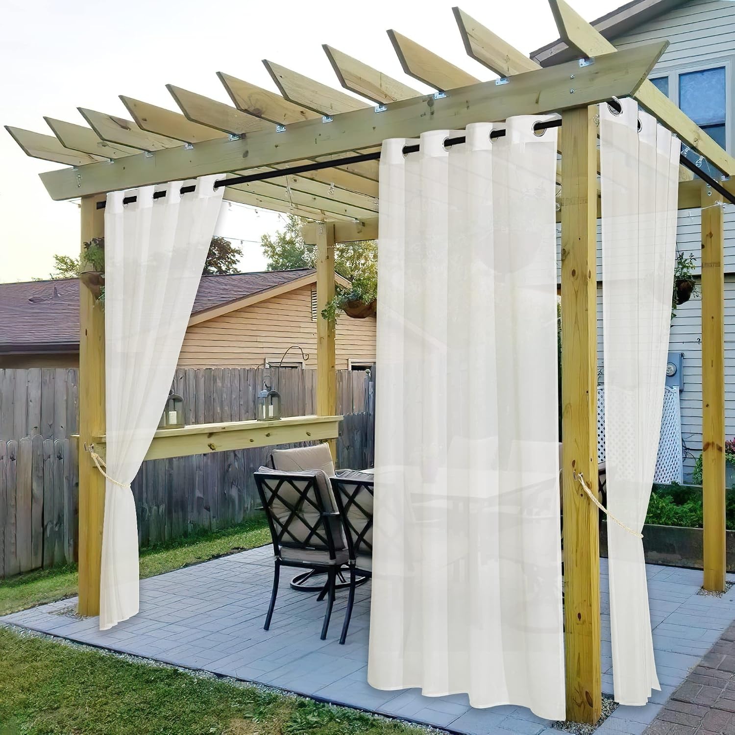 image:imageNICETOWN Outdoor Sheer Curtains for Patio Waterproof 2 Panels Sheer Texture Curtain Panels for Gazebo Porch Pergola Voile Drapes with Rustproof Grommets for Living Room W54 x L84 inch WhiteBeige