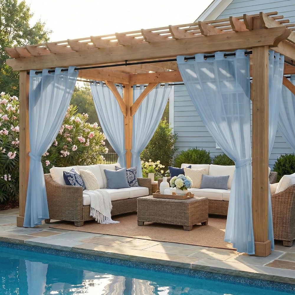 image:imageNICETOWN Outdoor Sheer Curtains for Patio Waterproof 2 Panels Sheer Texture Curtain Panels for Gazebo Porch Pergola Voile Drapes with Rustproof Grommets for Living Room W54 x L84 inch WhiteStone Blue