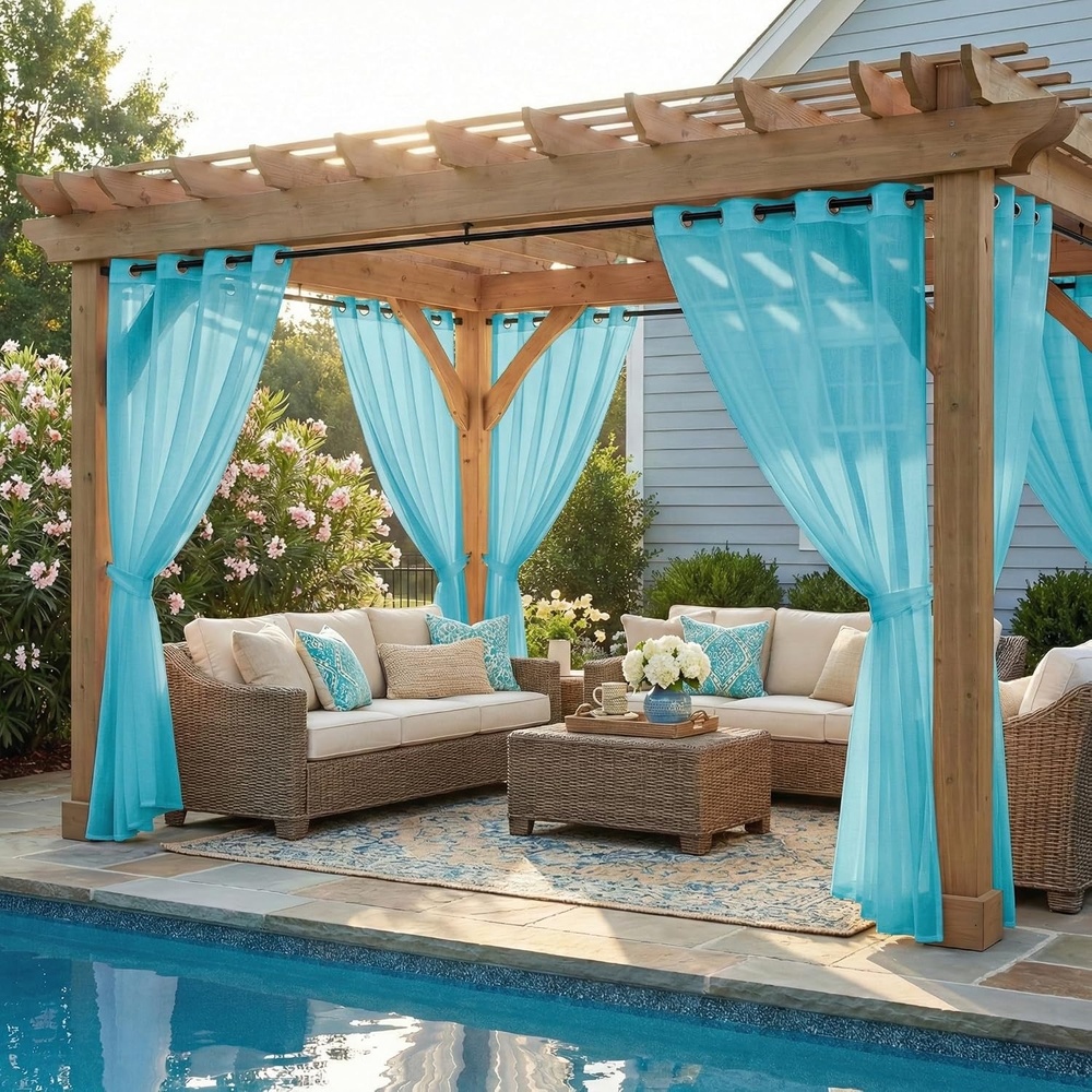 image:imageNICETOWN Outdoor Sheer Curtains for Patio Waterproof 2 Panels Sheer Texture Curtain Panels for Gazebo Porch Pergola Voile Drapes with Rustproof Grommets for Living Room W54 x L84 inch WhiteTurquoise