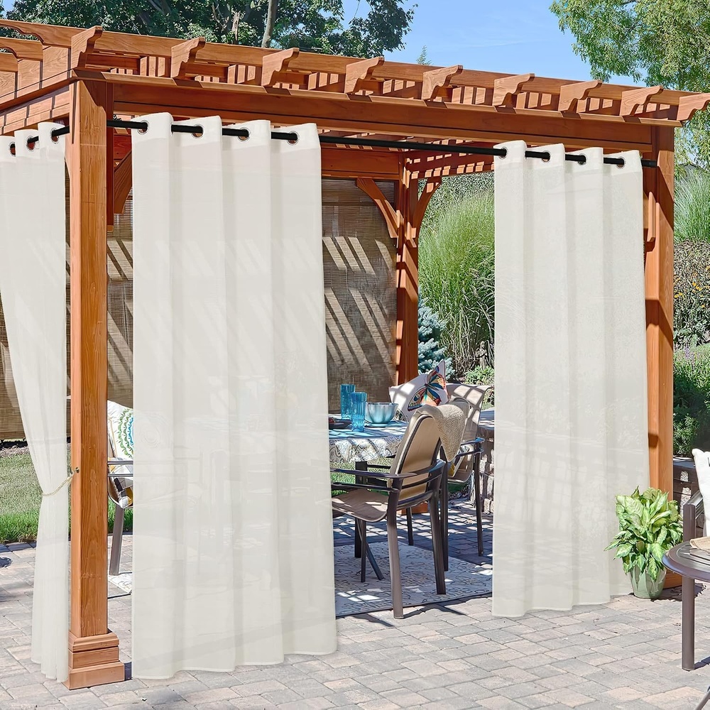 image:imageNICETOWN Outdoor Sheer Curtains for Patio Waterproof 2 Panels Sheer Texture Curtain Panels for Gazebo Porch Pergola Voile Drapes with Rustproof Grommets for Living Room W54 x L84 inch WhiteBeige
