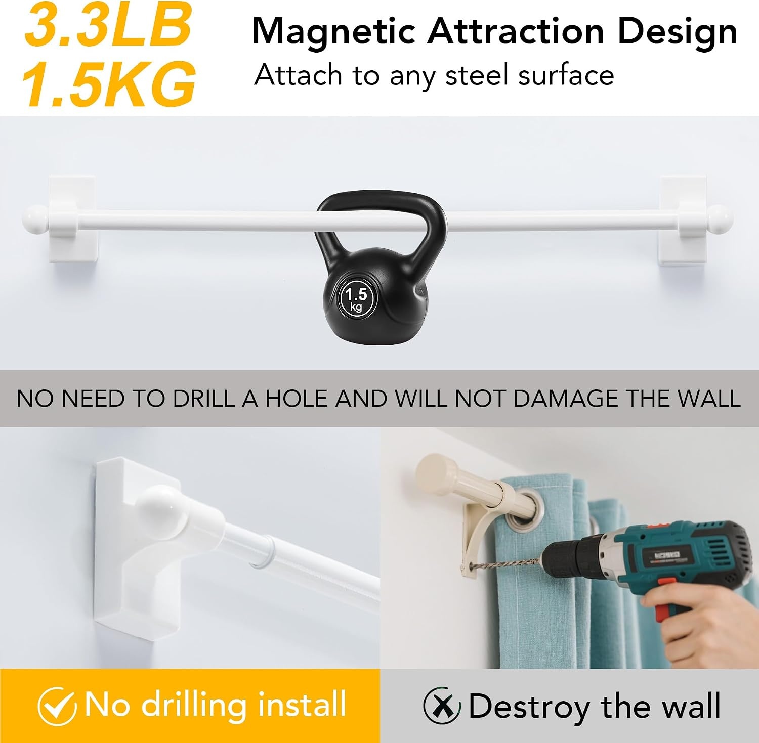 image:imageNICETOWN 2 Pack White Magnetic Curtain Rods for Any Steel Spaces with Adjustable Length 16 to 28 inch with Linen 100 Blackout Curtain Thermal Insulated Elegant Home Decoration 25 x 72 Inch