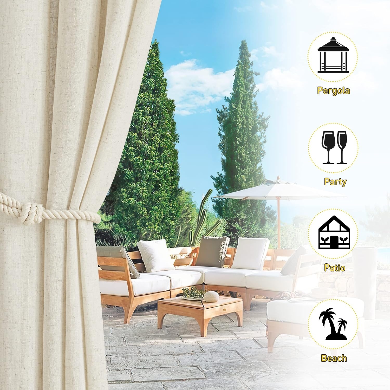 image:imageNICETOWN 2 Panels Outdoor Curtains Thick Linen Thick Linen Textured Waterproof Grommet Privacy Allowed with Light Filtering Flax Linen Drapes for PatioPorch Natural W55 x L108 InchesNatural