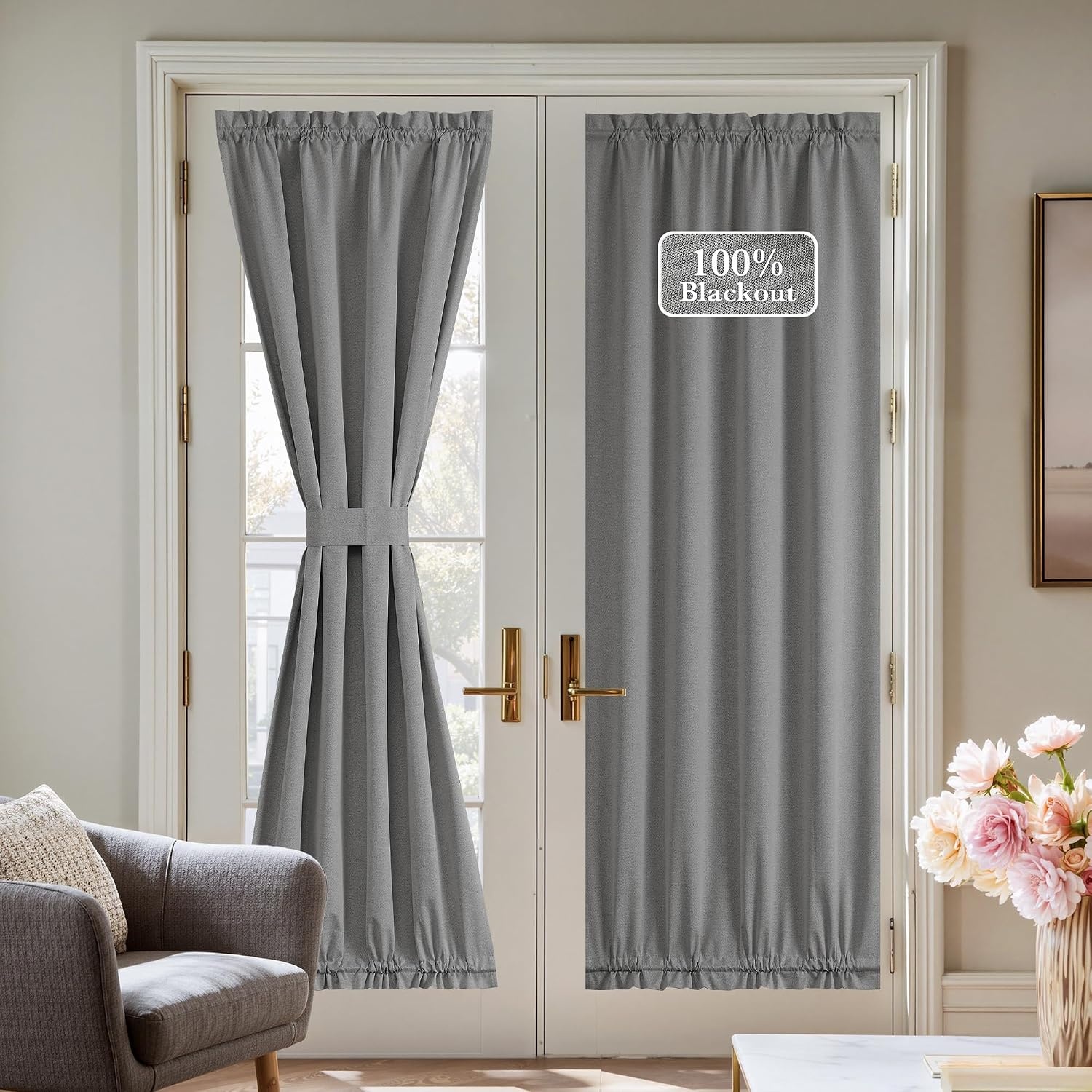 image:imageNICETOWN Dove Grey Blackout Linen French Door Curtain for Glass WindowGrey