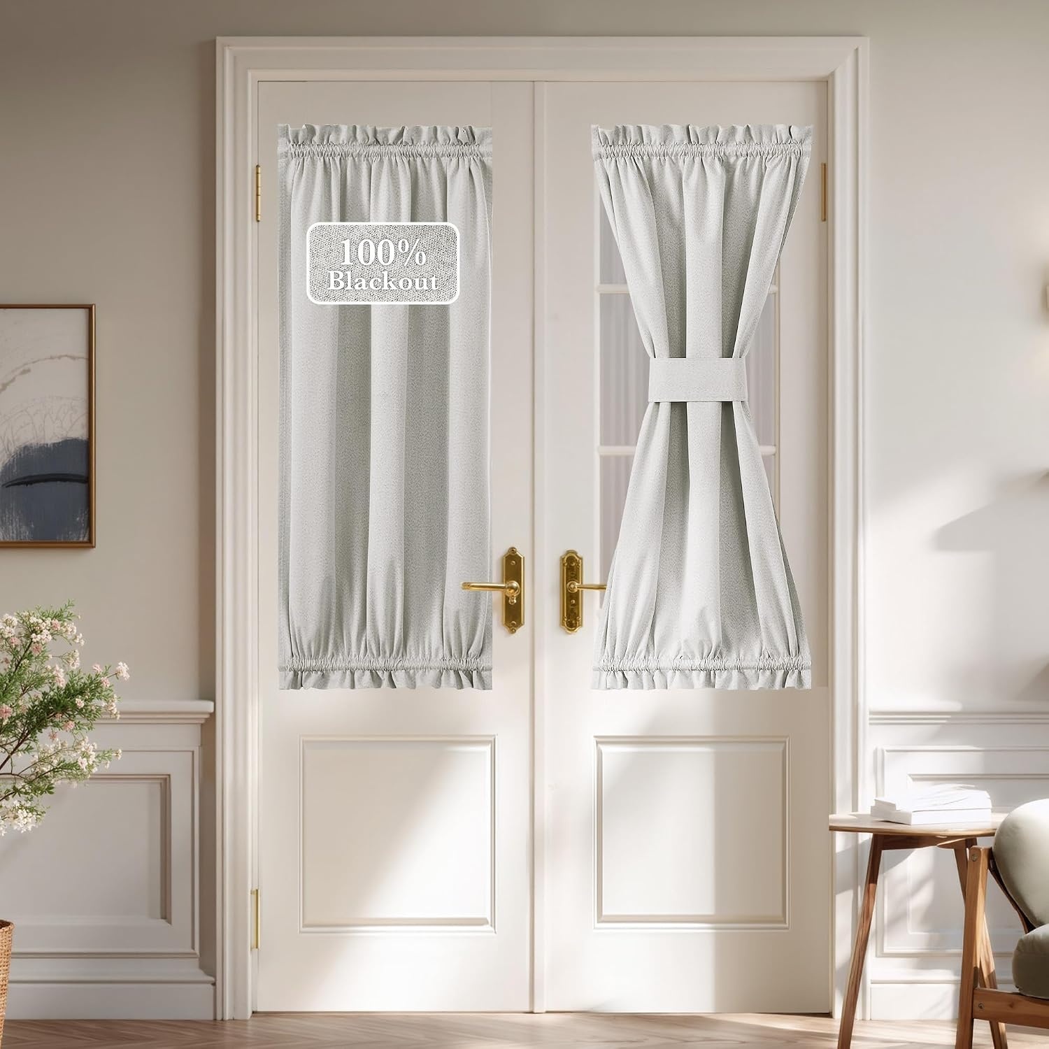 image:imageNICETOWN Dove Grey Blackout Linen French Door Curtain for Glass WindowGreyish White