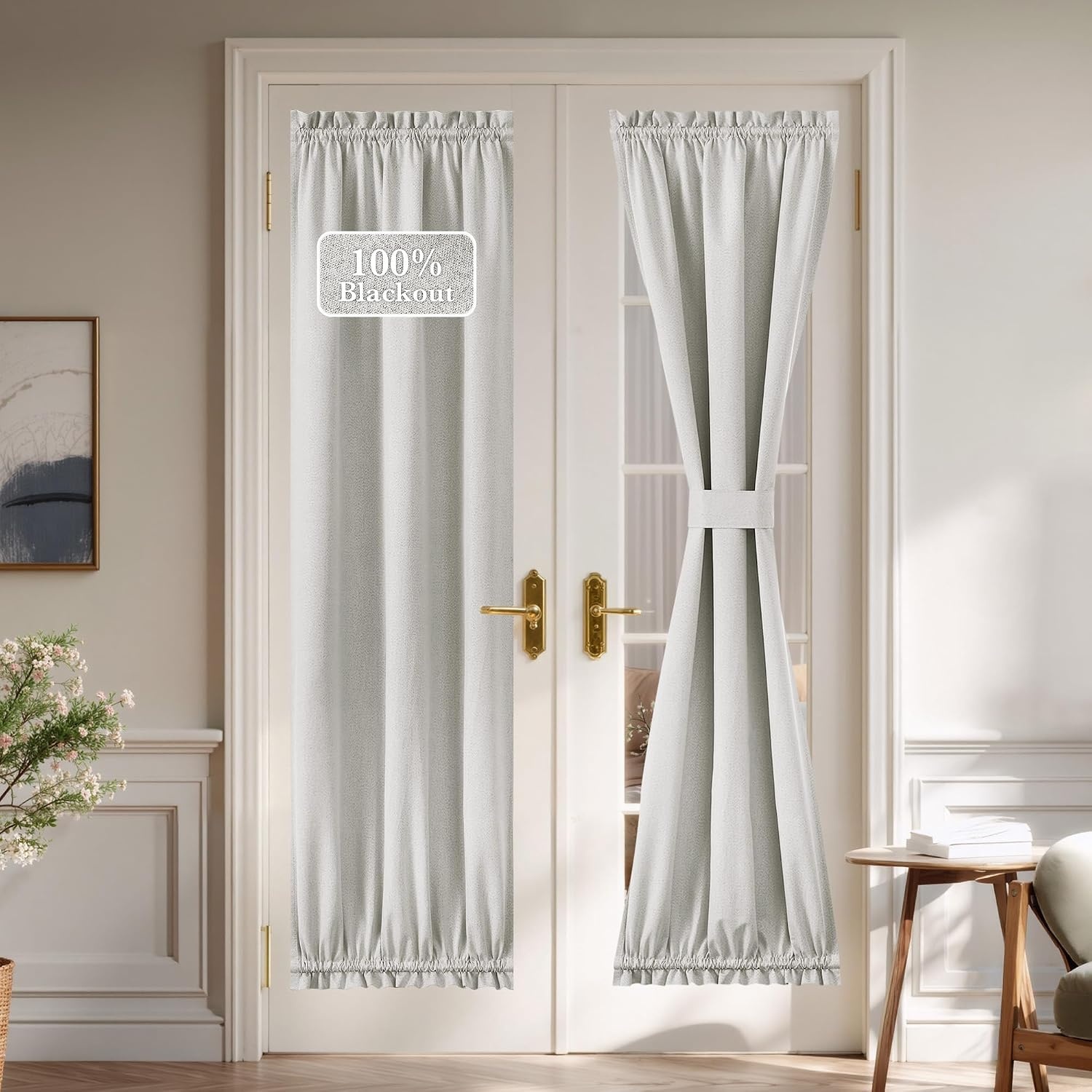 image:imageNICETOWN Dove Grey Blackout Linen French Door Curtain for Glass WindowGreyish White