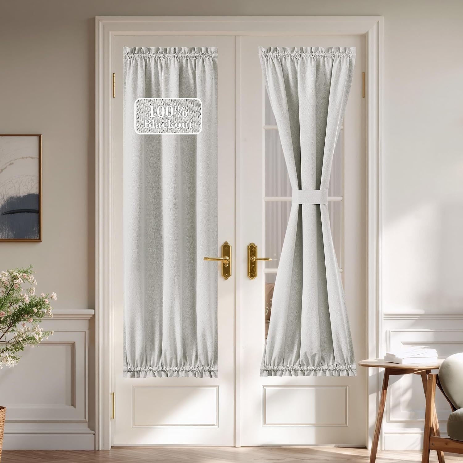 image:imageNICETOWN Dove Grey Blackout Linen French Door Curtain for Glass WindowGreyish White