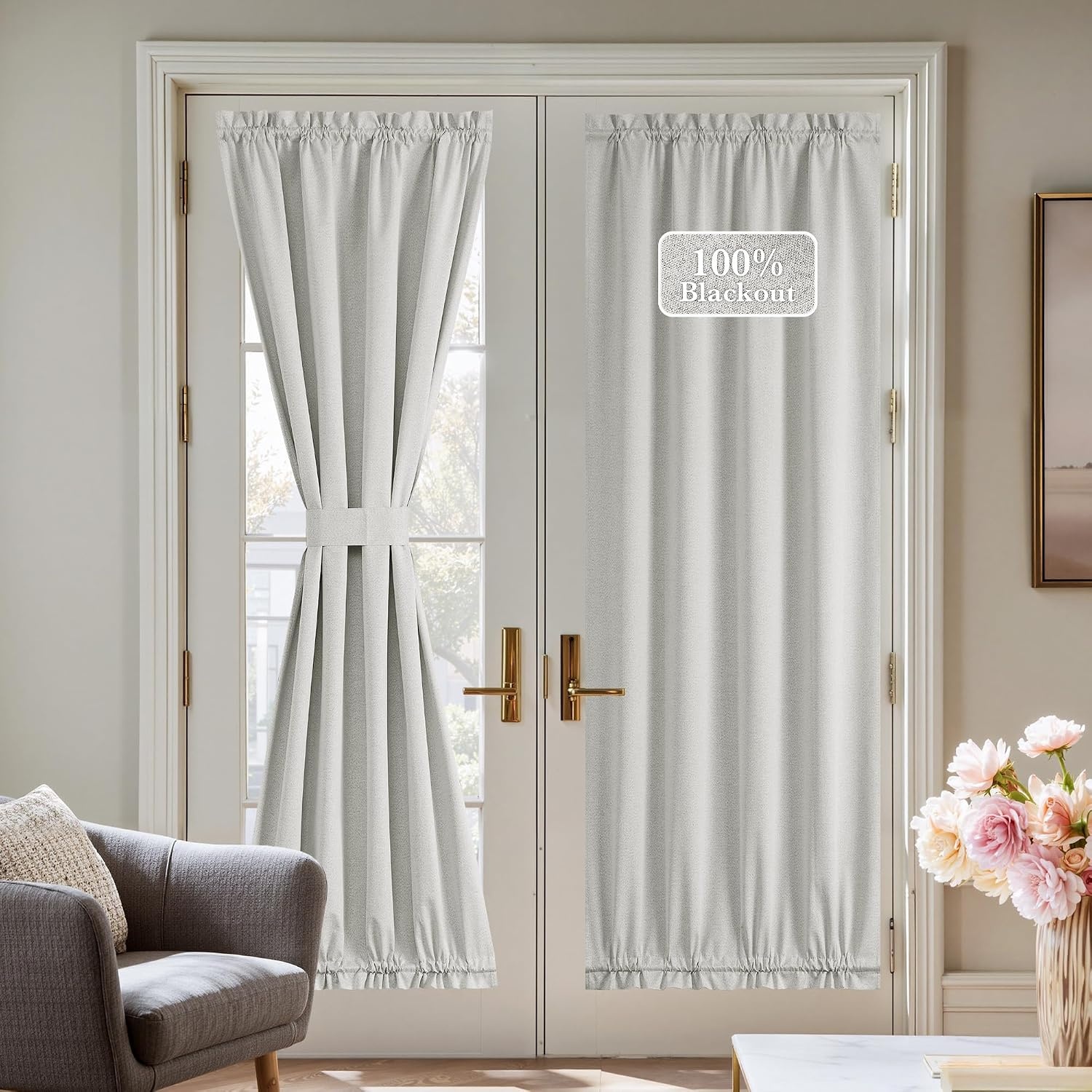 image:imageNICETOWN Dove Grey Blackout Linen French Door Curtain for Glass WindowGreyish White