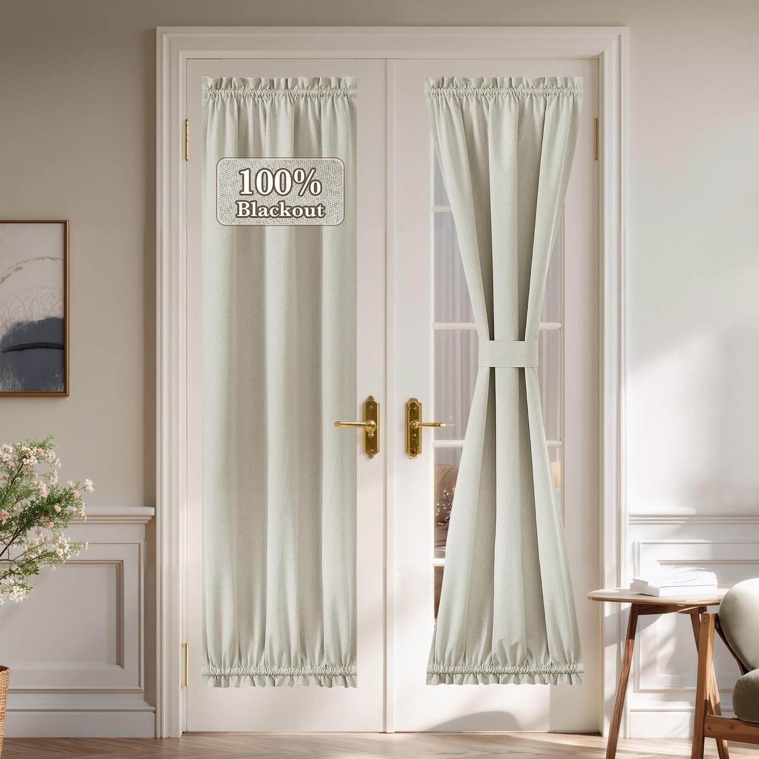 image:imageNICETOWN Dove Grey Blackout Linen French Door Curtain for Glass WindowLight Beige
