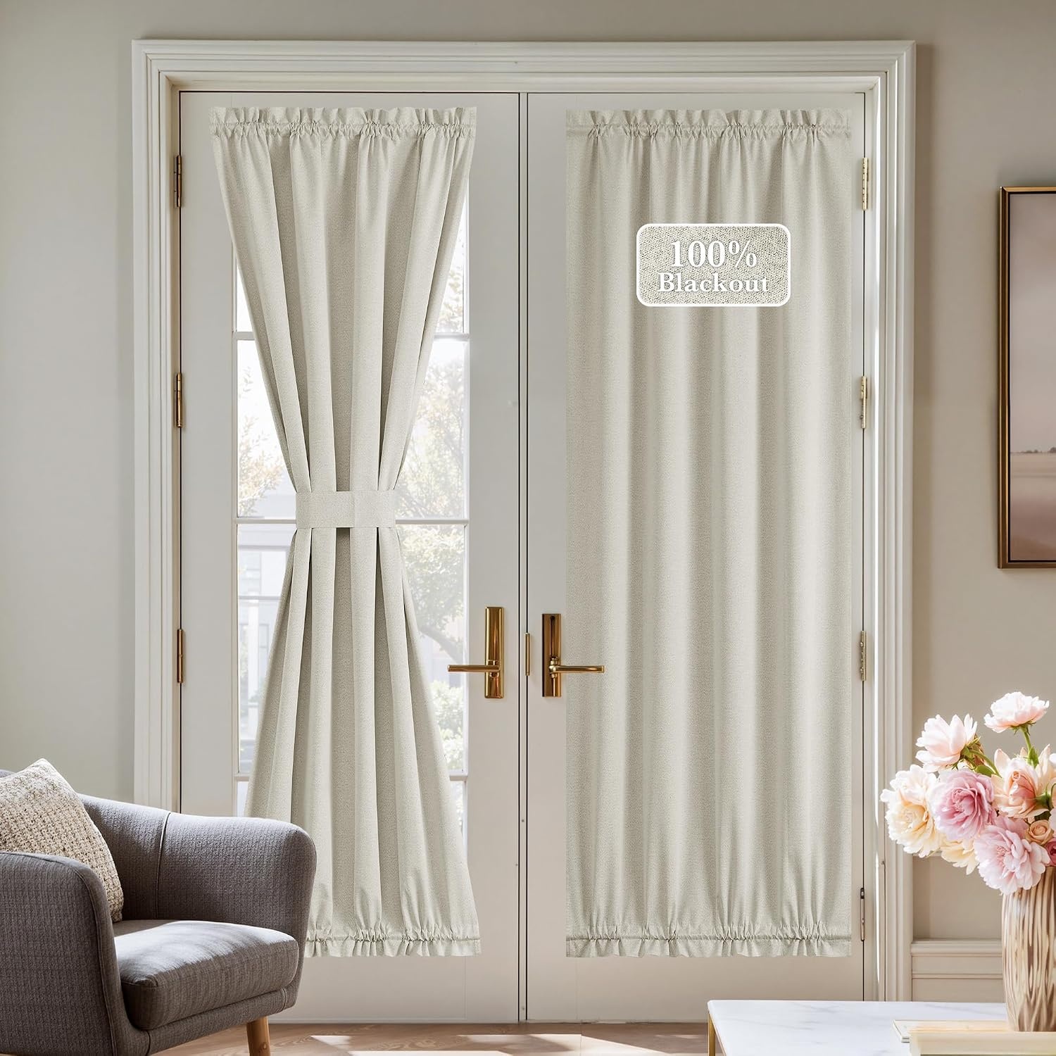 image:imageNICETOWN Dove Grey Blackout Linen French Door Curtain for Glass WindowLight Beige