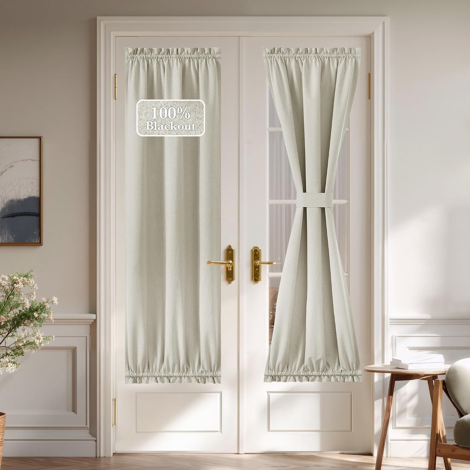 image:imageNICETOWN Dove Grey Blackout Linen French Door Curtain for Glass WindowLight Beige