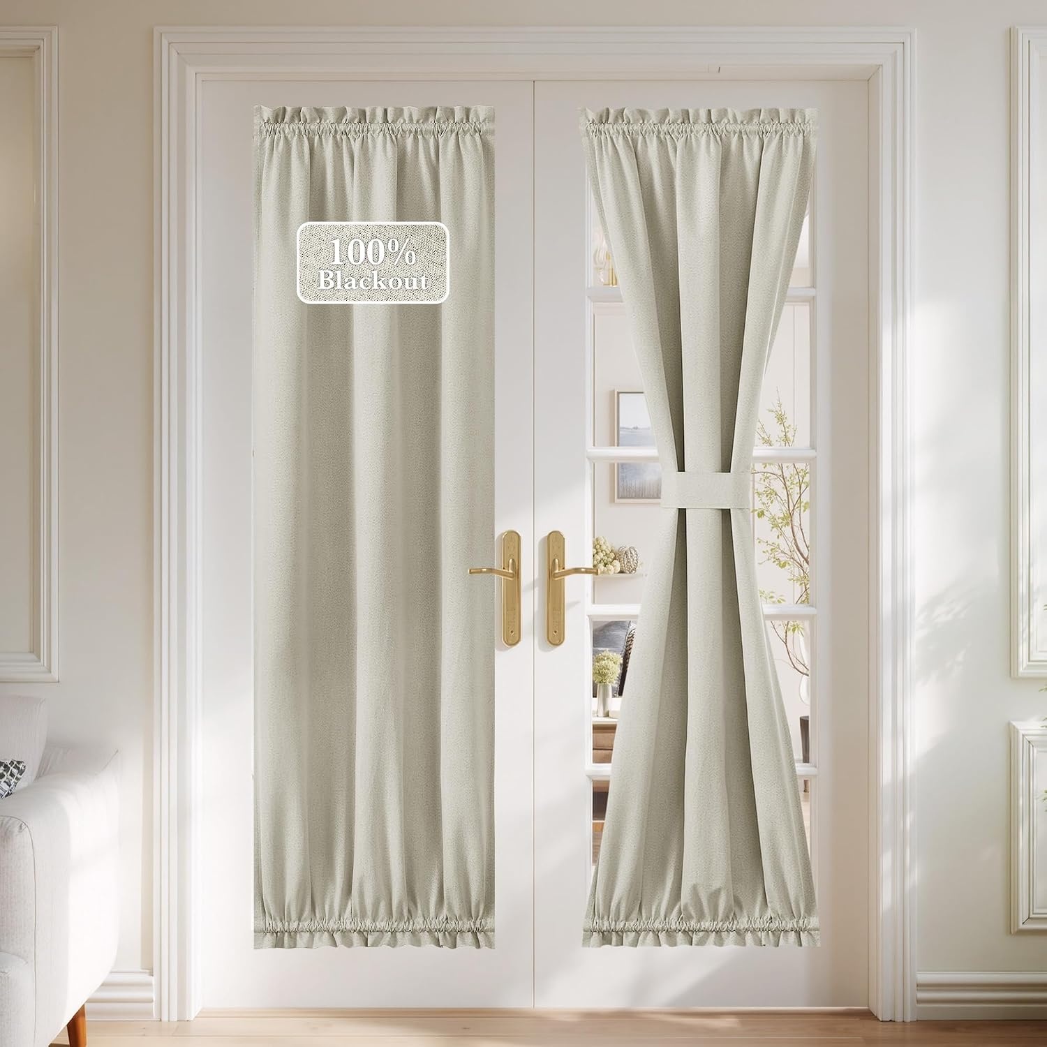 image:imageNICETOWN Dove Grey Blackout Linen French Door Curtain for Glass WindowLight Beige