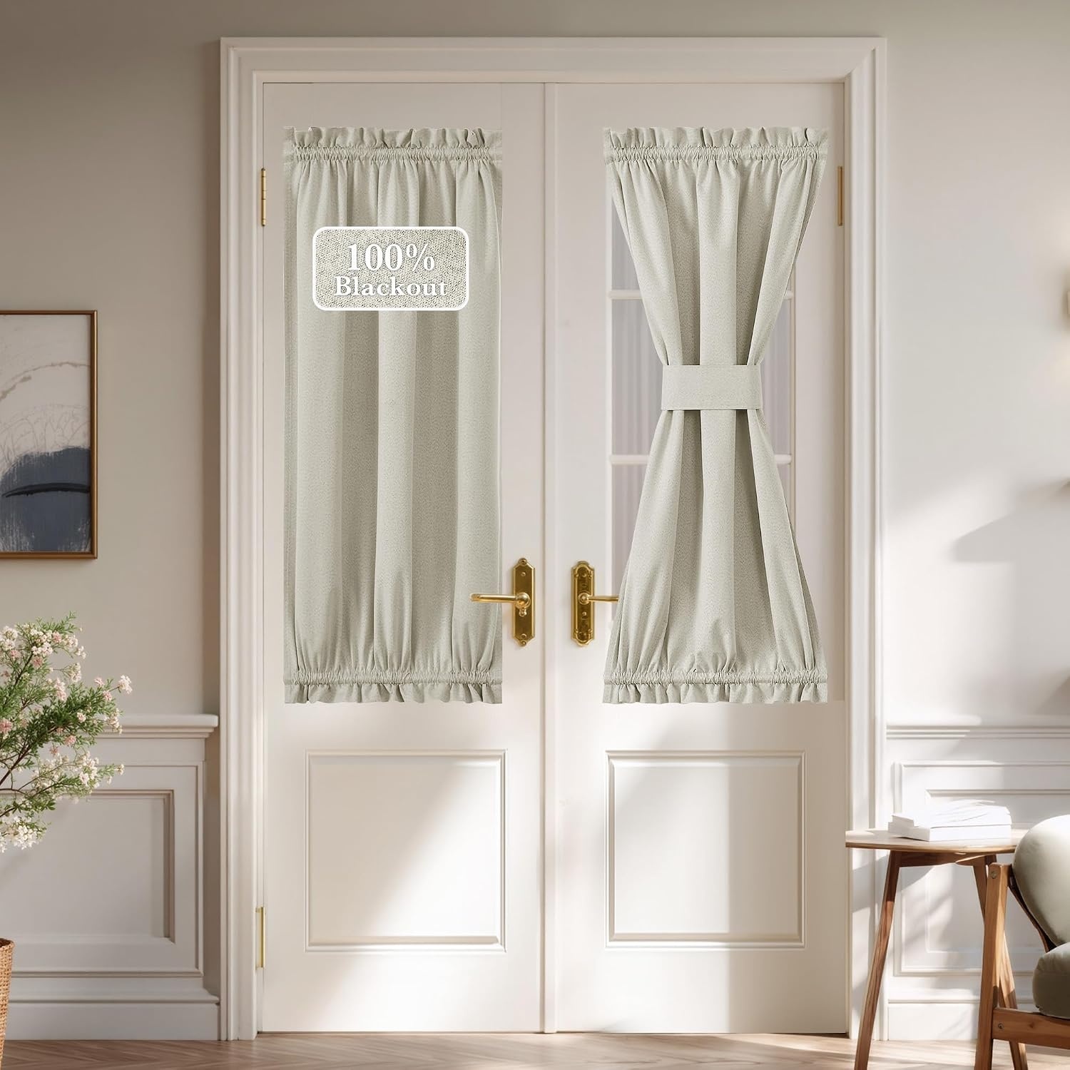 image:imageNICETOWN Dove Grey Blackout Linen French Door Curtain for Glass WindowLight Beige