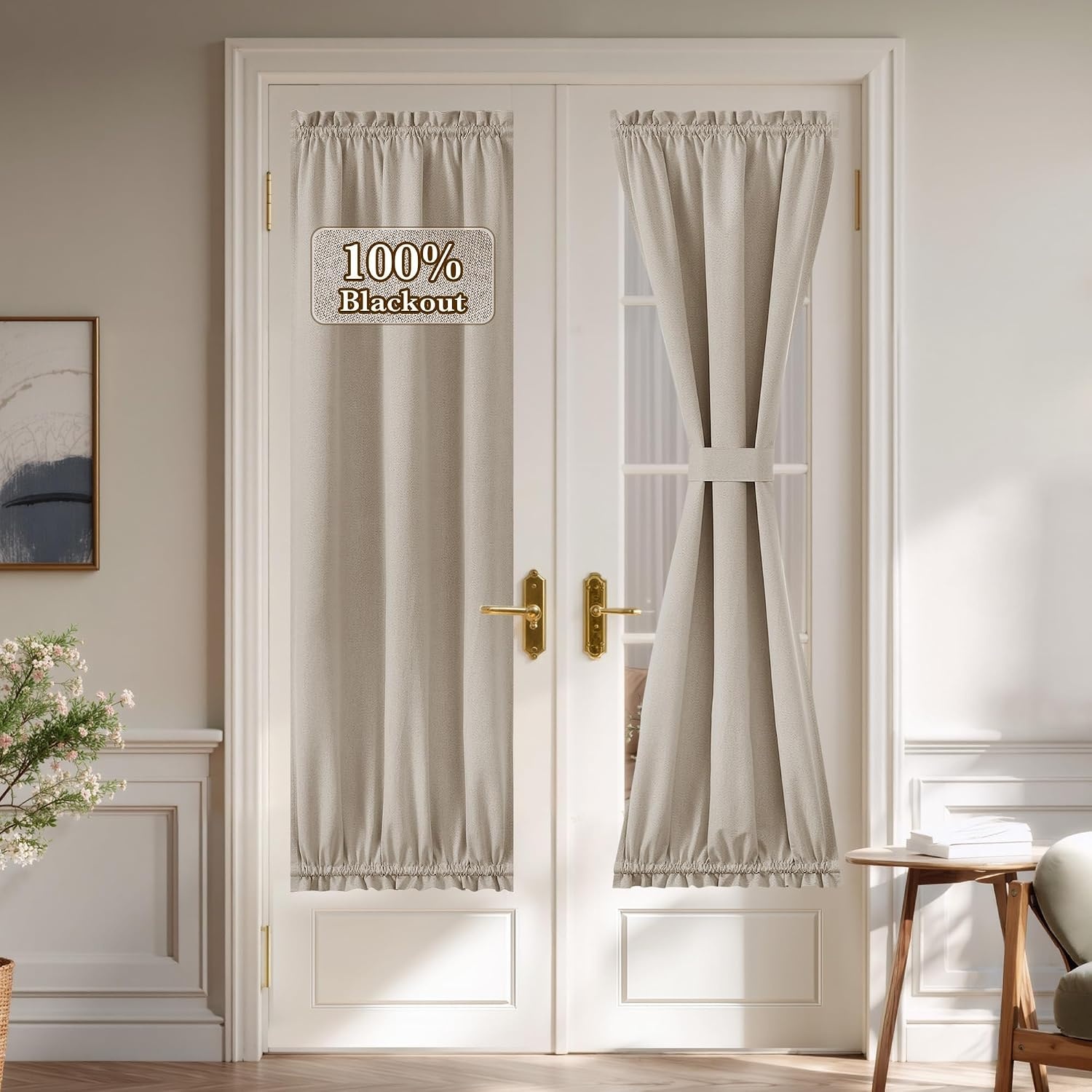 image:imageNICETOWN Dove Grey Blackout Linen French Door Curtain for Glass WindowSand