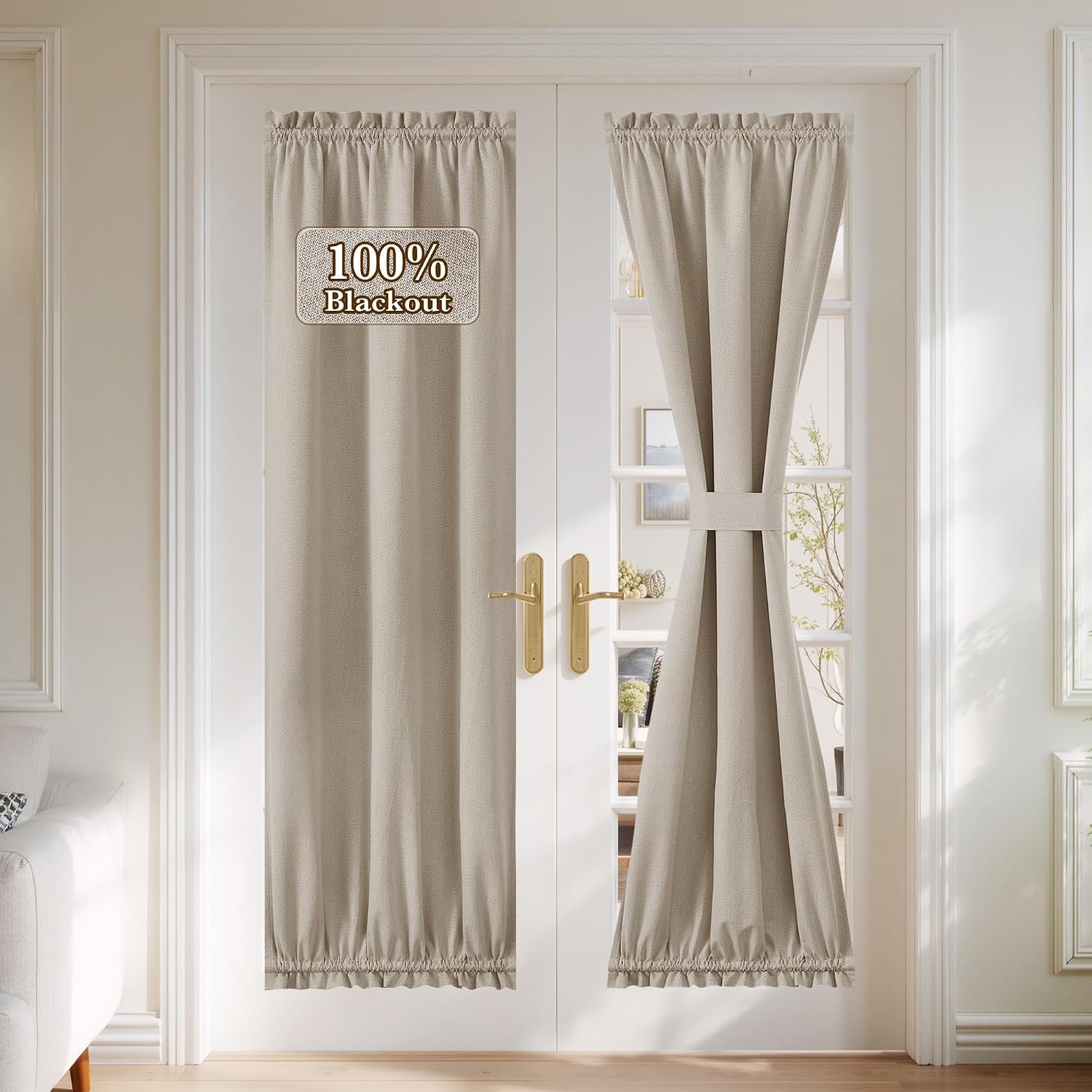 image:imageNICETOWN Dove Grey Blackout Linen French Door Curtain for Glass WindowSand
