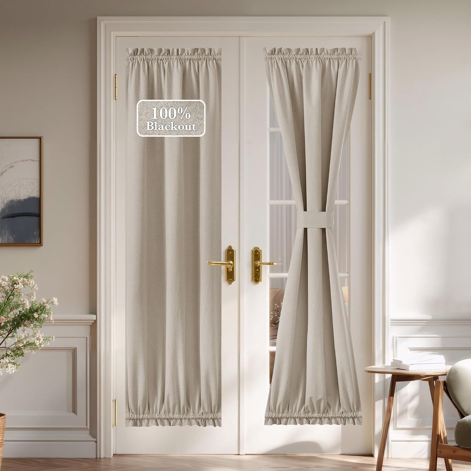 image:imageNICETOWN Dove Grey Blackout Linen French Door Curtain for Glass WindowSand