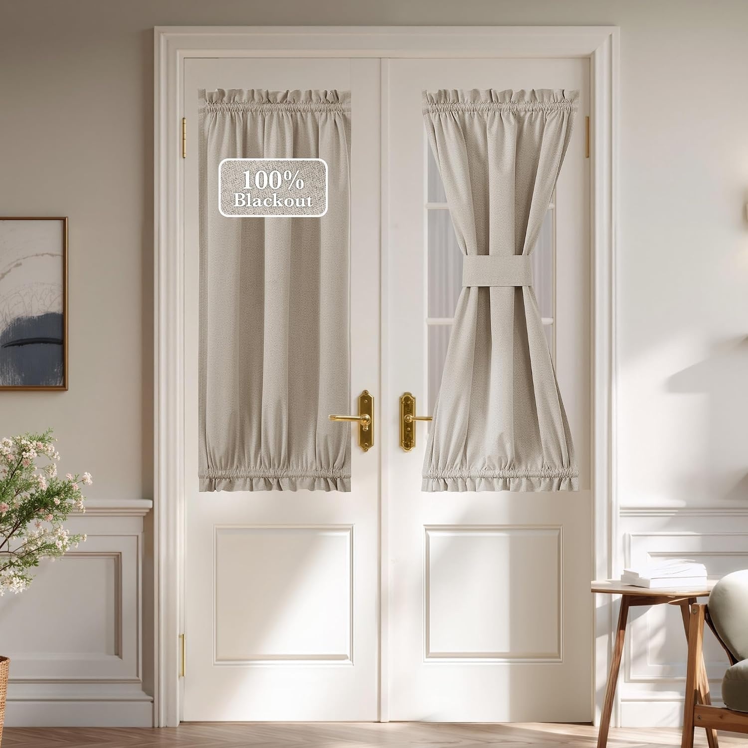 image:imageNICETOWN Dove Grey Blackout Linen French Door Curtain for Glass WindowSand