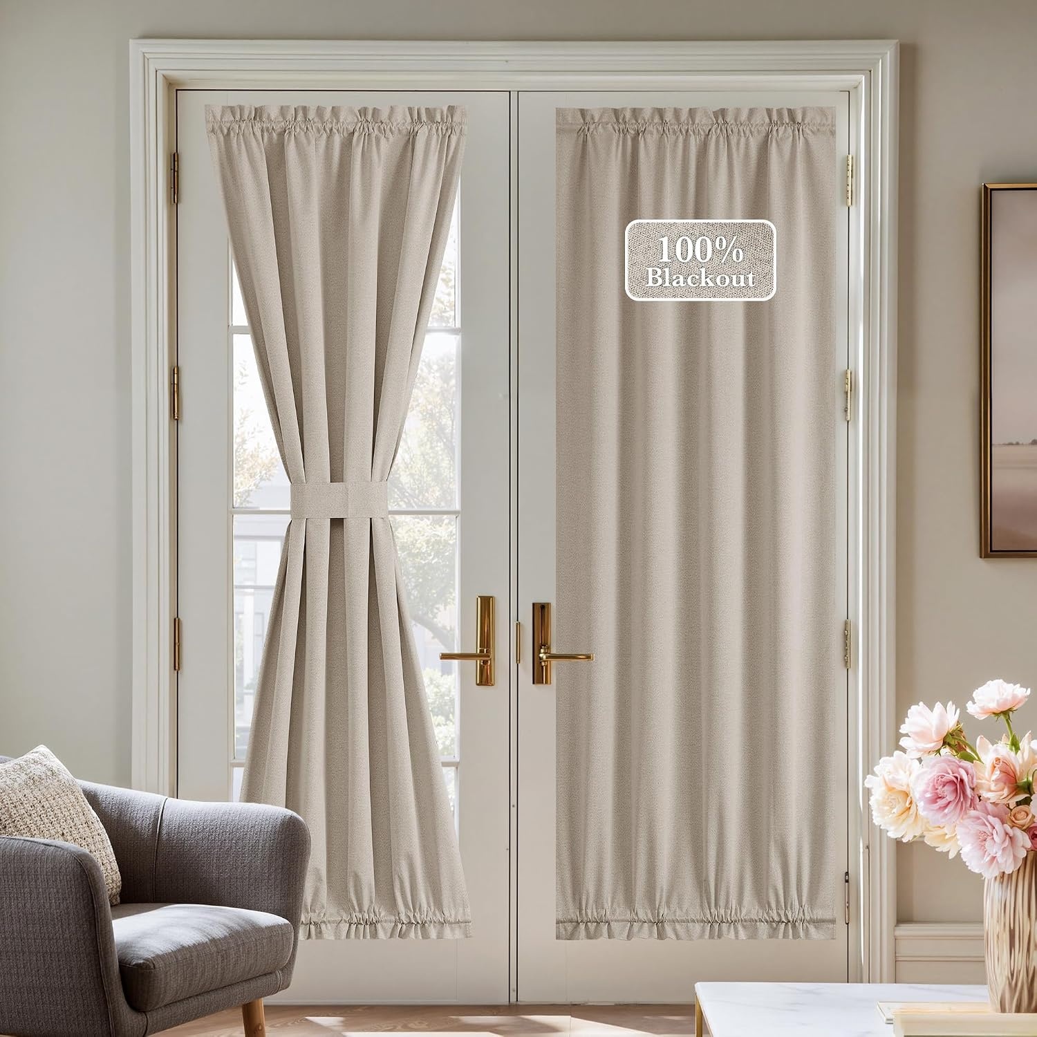 image:imageNICETOWN Dove Grey Blackout Linen French Door Curtain for Glass WindowSand