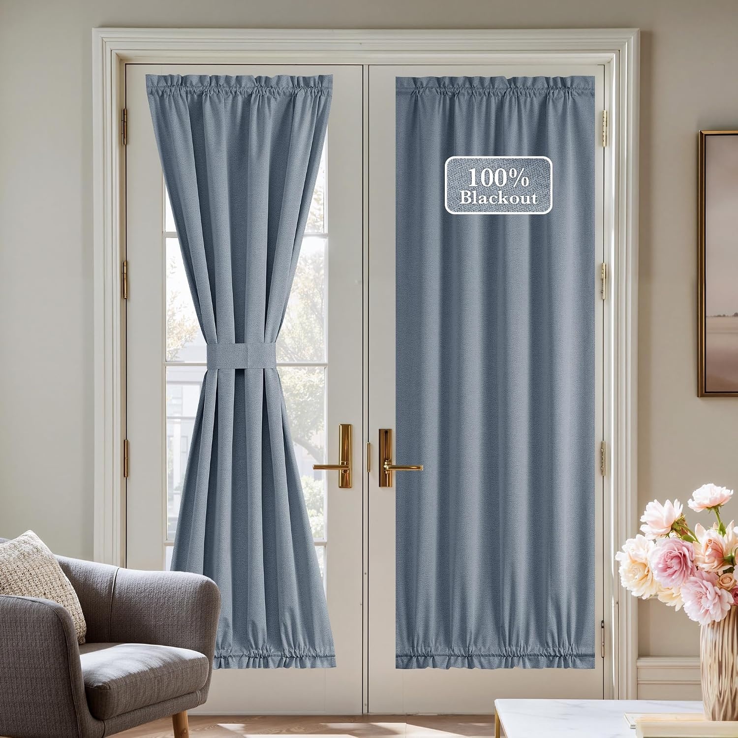 image:imageNICETOWN Dove Grey Blackout Linen French Door Curtain for Glass WindowStone Blue