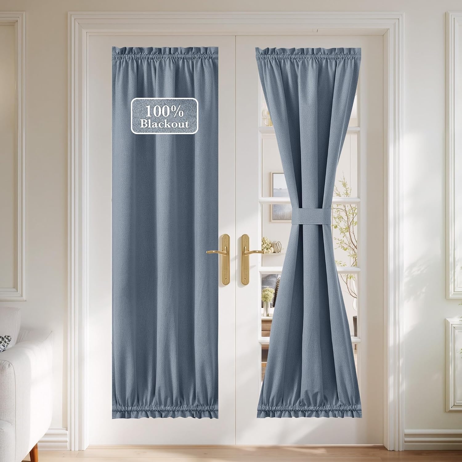 image:imageNICETOWN Dove Grey Blackout Linen French Door Curtain for Glass WindowStone Blue