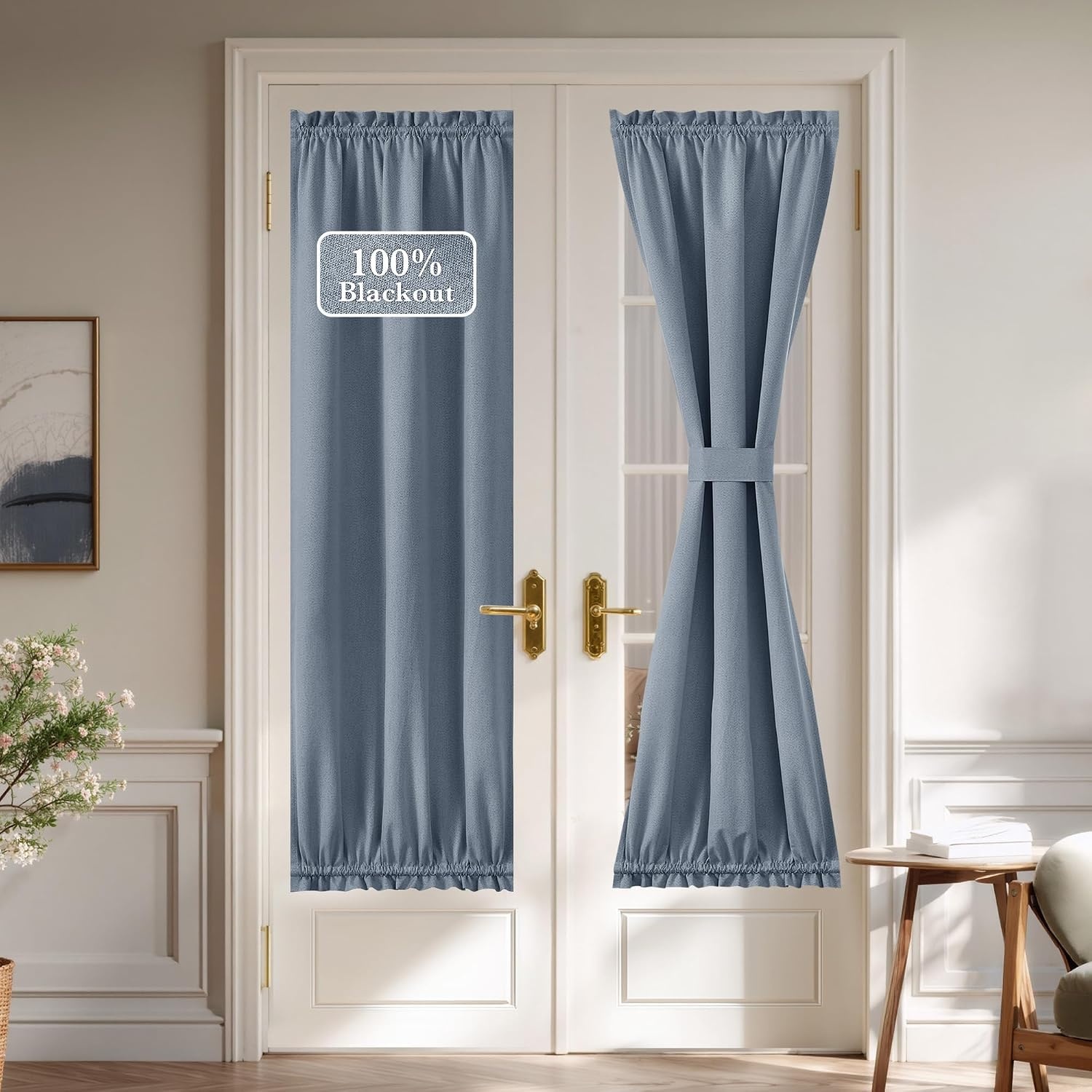 image:imageNICETOWN Dove Grey Blackout Linen French Door Curtain for Glass WindowStone Blue
