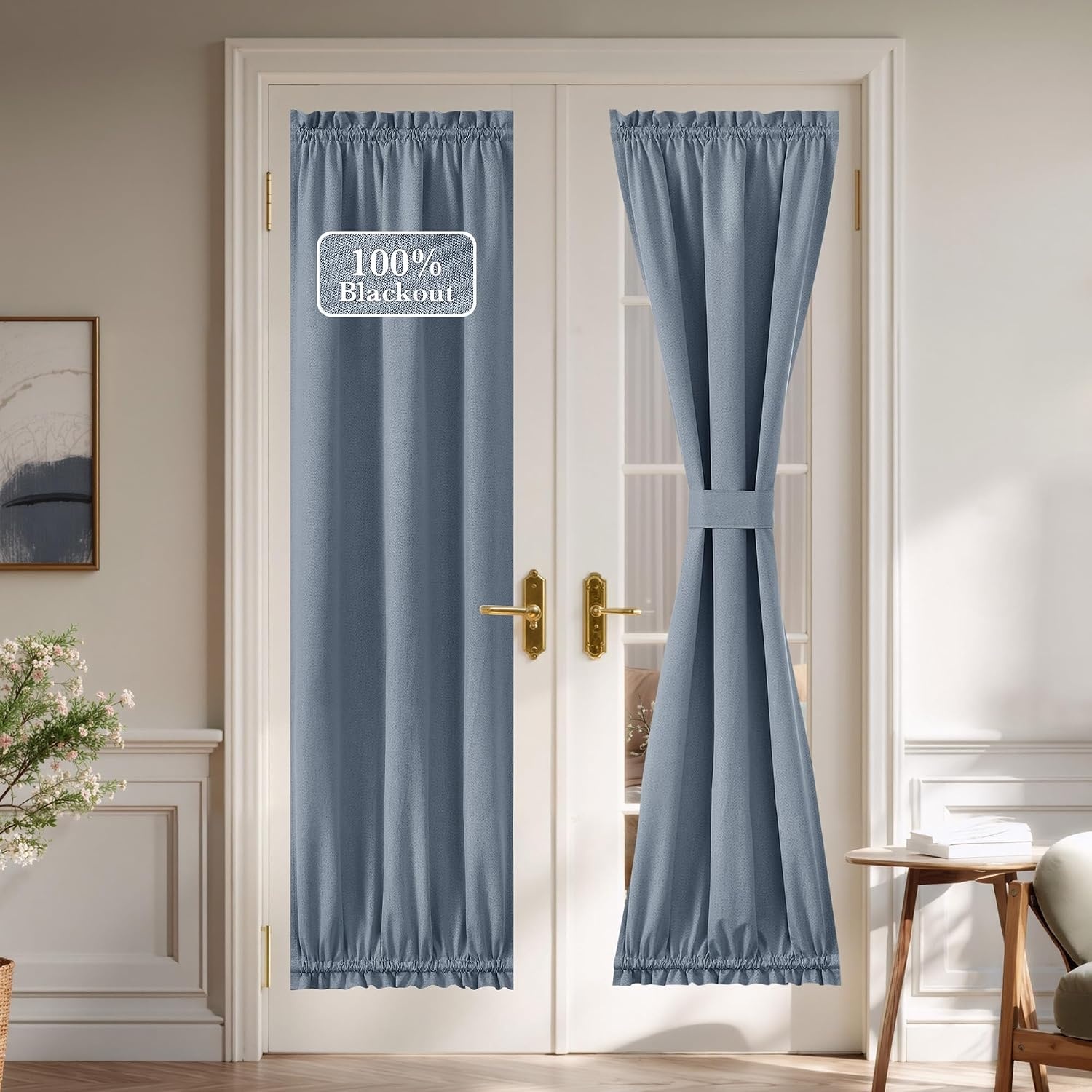 image:imageNICETOWN Dove Grey Blackout Linen French Door Curtain for Glass WindowStone Blue